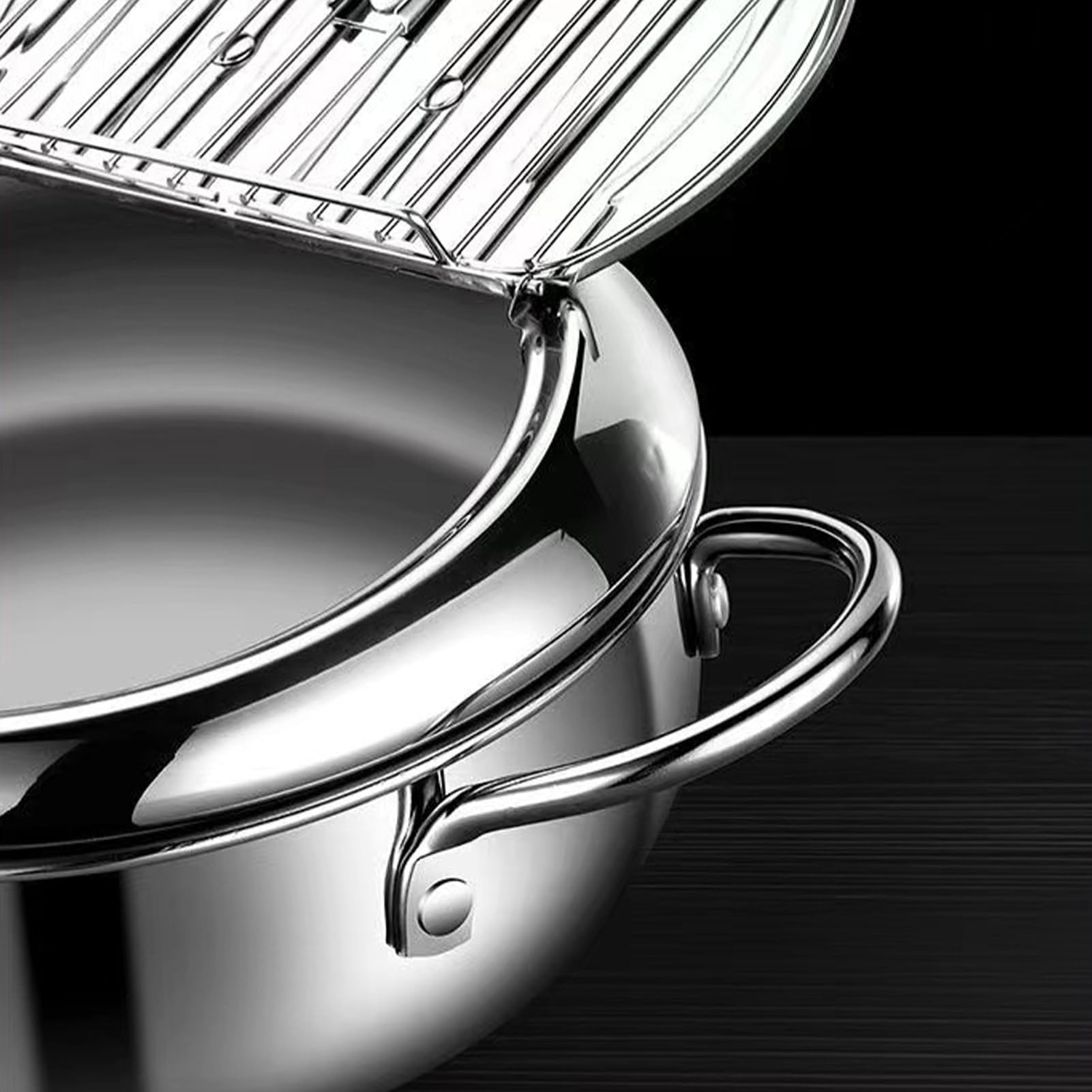 Padella per patatine fritte con cestello e coperchio, in acciaio | , grande friggitrice, 20 x 24 x 28 cm, ideale per friggere con controllo della temperatura di precisione, argento
