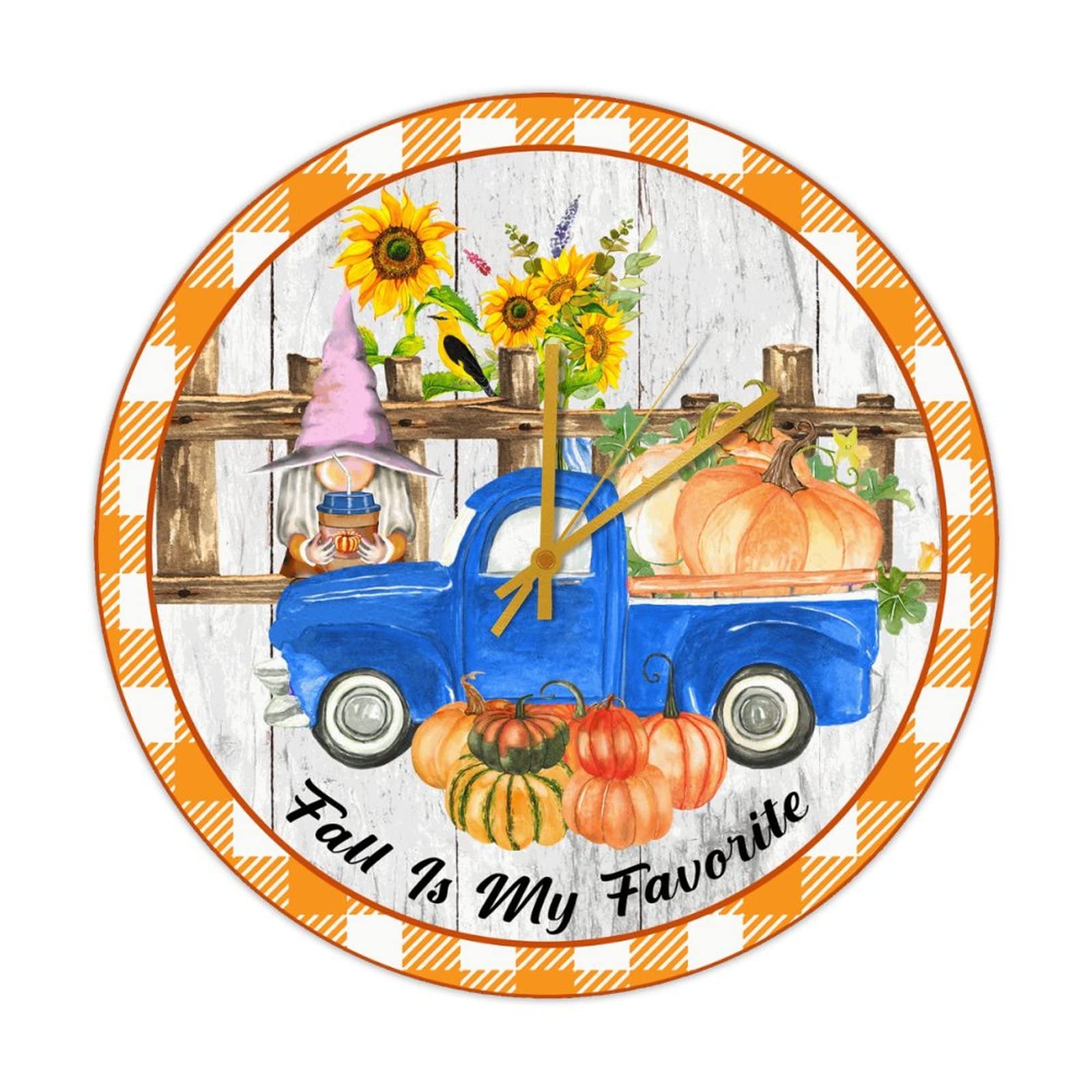Horloge murale ronde en bois de 38cm vintage avec gnome d'automne pour la cuisine