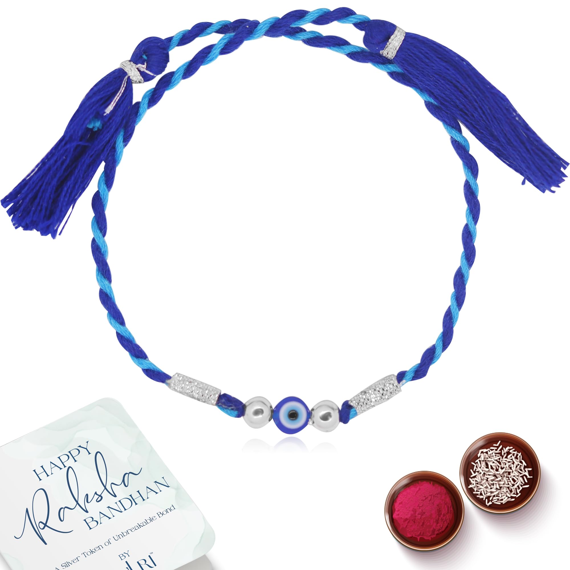 ZULRI 925 Sterling Silver Evil Eye and Silver Ball Cotton Thread Rakhi for Bhai on Rakshabandhan With Greeting Card & Roli Chawal and Certificate of Authenticity (B0D9P2DMXW) Amazon Price History, Amazon Price Tracker