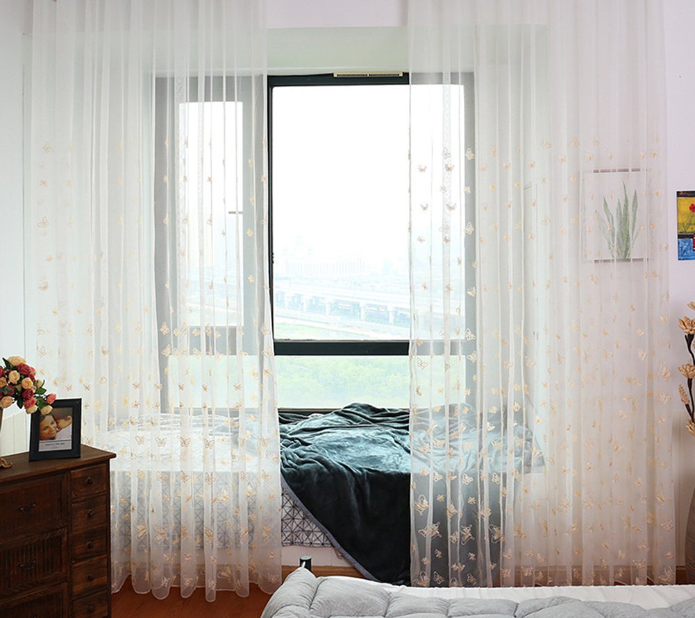 Exquisite Design Home Decoration Casual Style Butterfly Embroidered Sheer Curtain Drape Voile Panel For Bedroom Dining Room and Living Room(1 Panel, W 52 x L 63 inch, White)