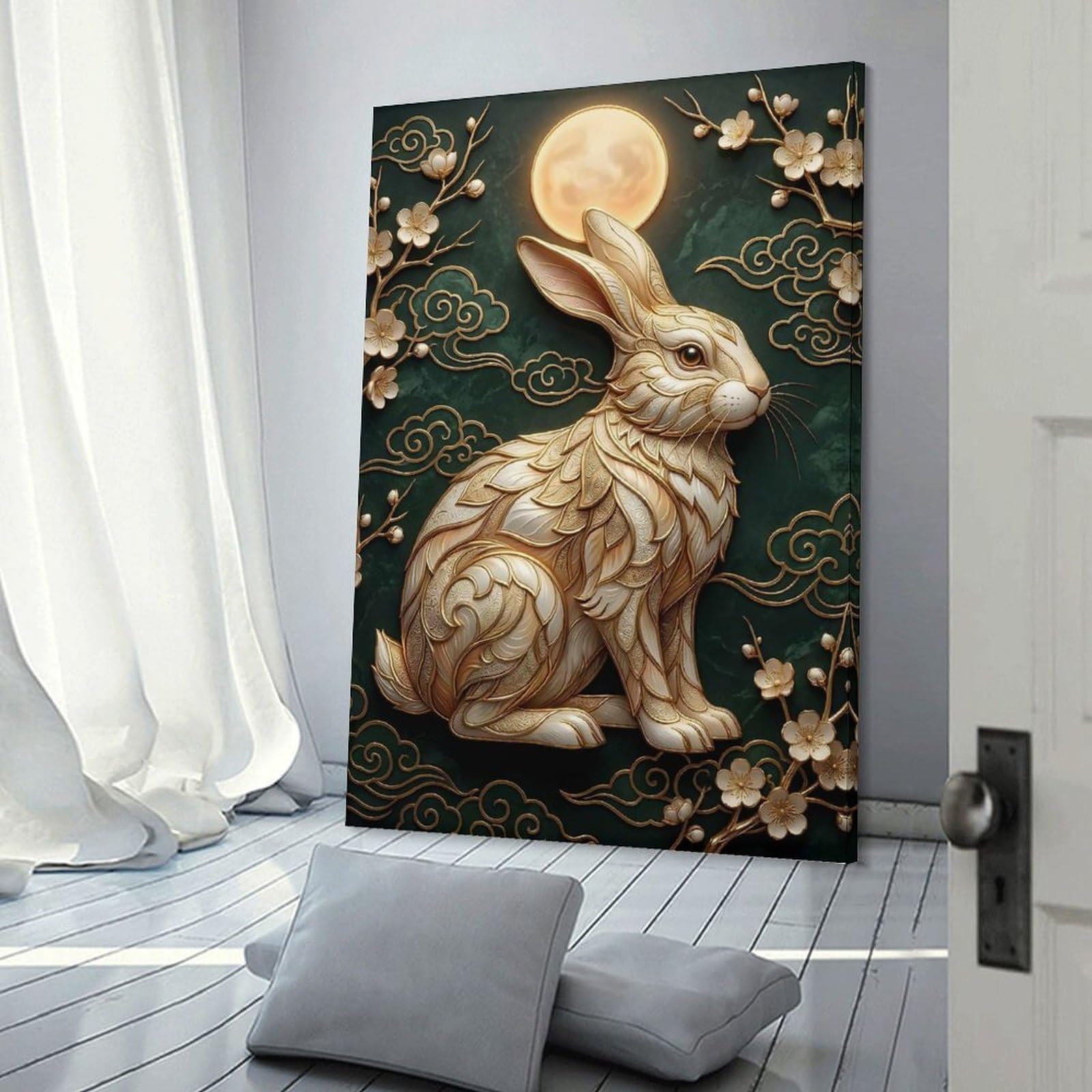Junmoney Home Decor Wall Art Golden Rabbit Under The Moon, 20x30inch(50x75cm), for Workspace Walls, Study Corners Or Bedrooms, A Smart Decor Choice for Study Walls