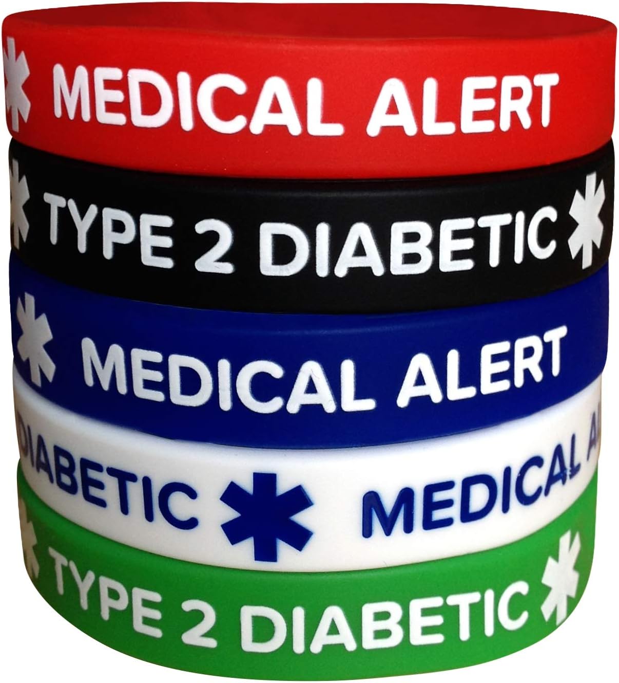 Type 2 Diabetes Medical Alert Silicone Bracelets – 5 Pack Adult Diabetic Wristbands for Men & Women, 7.8"