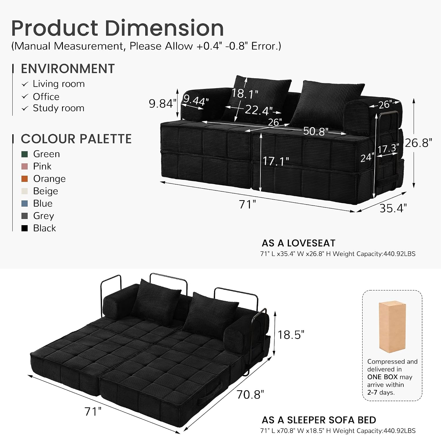 6-in-1 Convertible Sleeper Sofa Bed Corduroy Folding Mattress Couch Modular Foldable Boneless Couch Loveseat with 2 Pillows Black