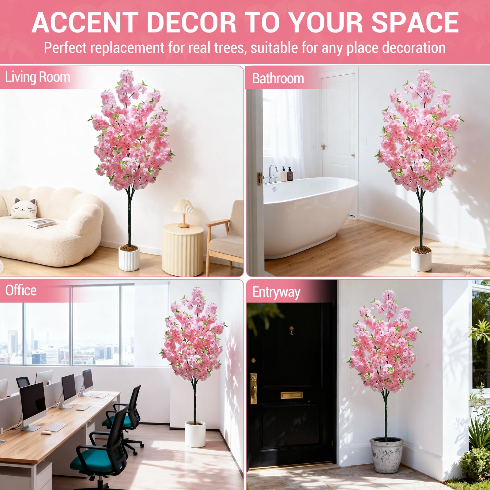 180cm Künstlicher Kirschblütenbaum mit Rosa Blüten im Weißtopf, Kunstbaum aus PVC & Textilfaser für Innen & Außen - Deko für Zuhause, Büro, Hochzeit, Party | Sakura Baum ohne Pflege
