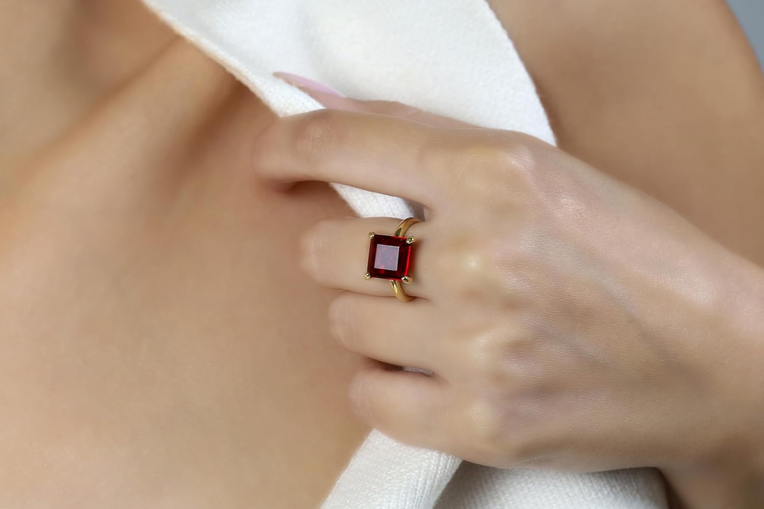Sterling Silver Square Garnet Ring - Solitaire Ring - Deep Red Garnet Ring - January Birthstone Ring