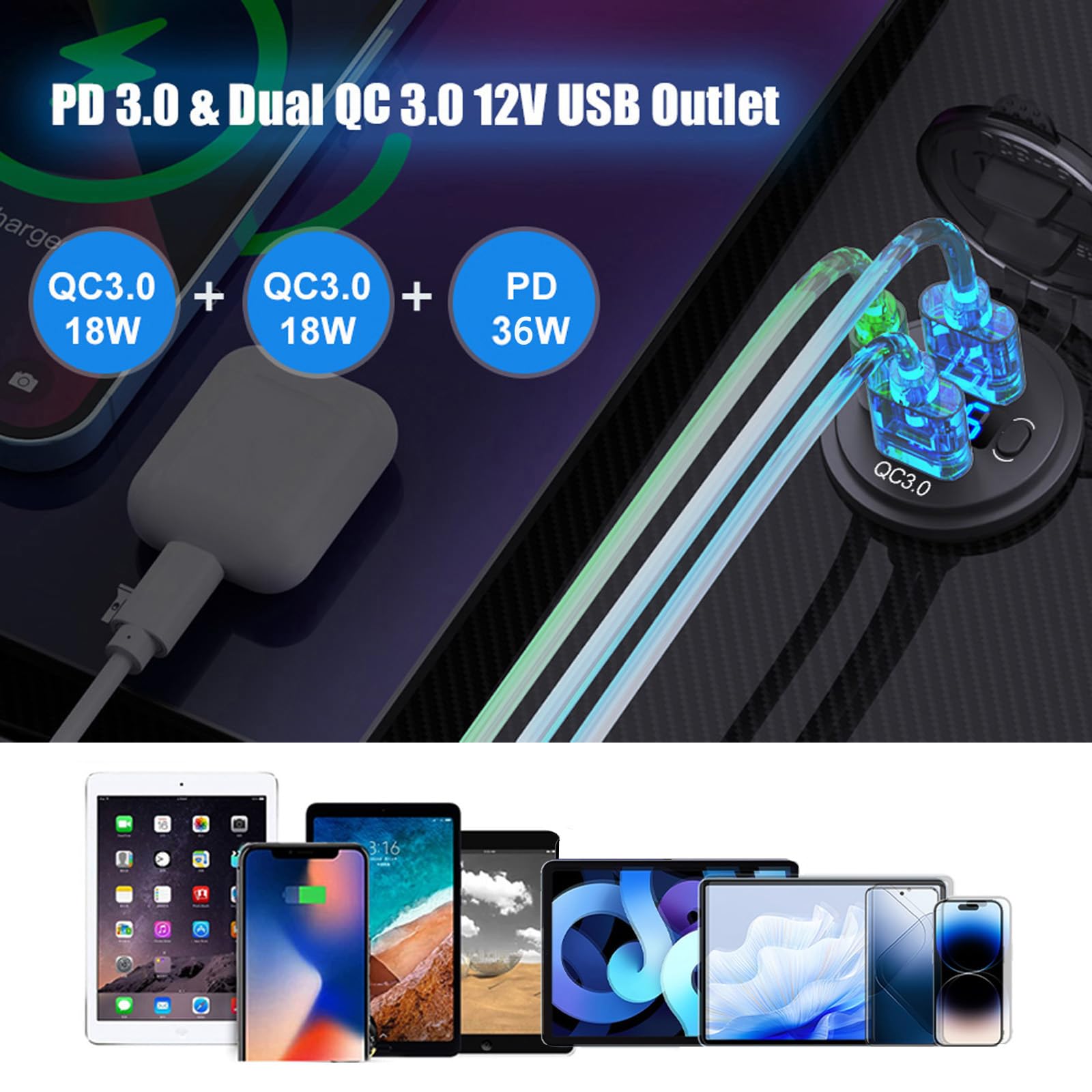 Presa USB 12V, 72W, Caricatore Triplo Porta con Ricarica Rapida Simultanea (2xQC3.0 + PD) e Interruttore On/Off, Presa USB da Incasso per Auto 12-24V, Moto, Camion, Barche, Camper (2 Pezzi)