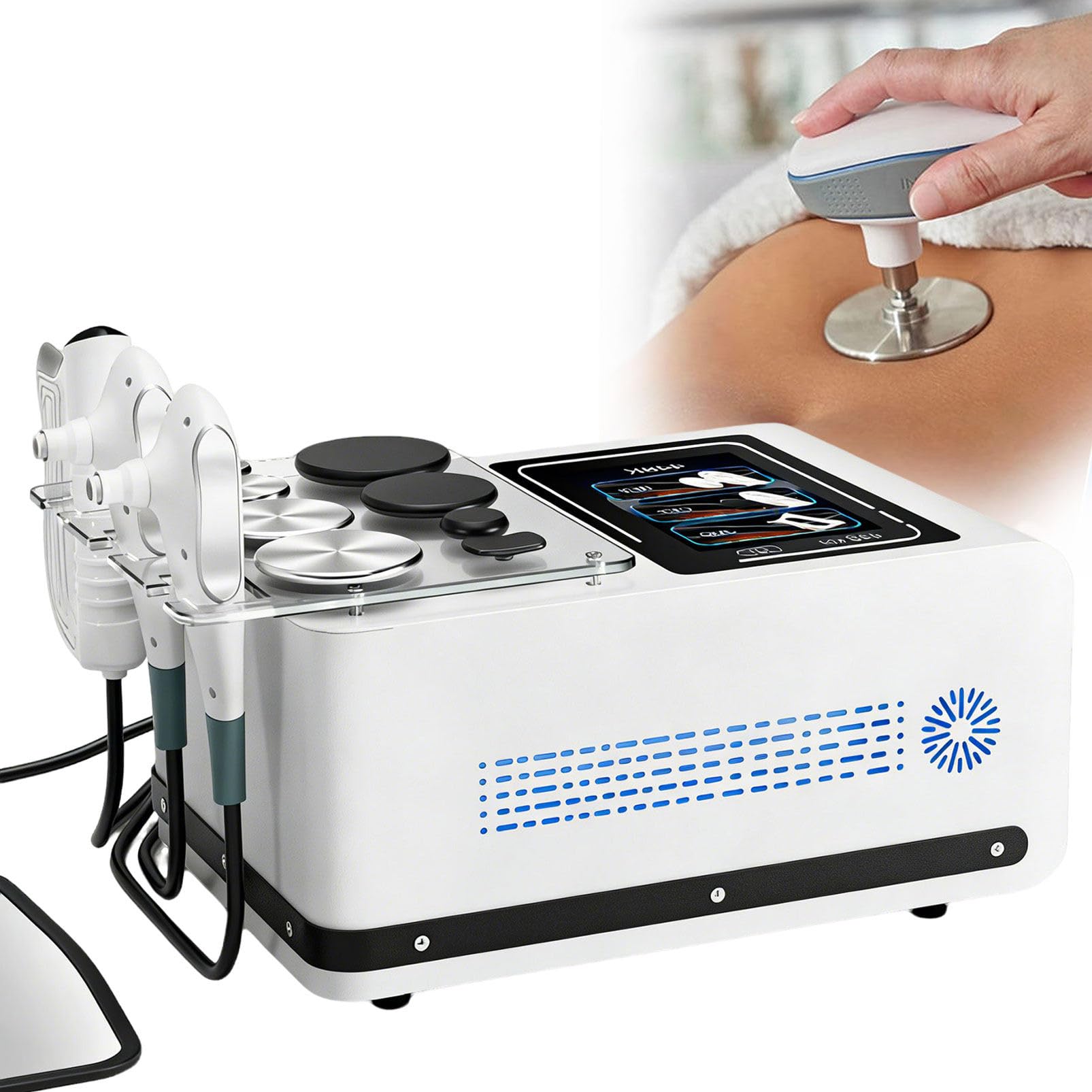 Terapia Tecar Portatile a 448 KHz,con 3 manipoli e 8 postazioni di Lavoro, 10 Zone corporee,per Dimagrimento,modellamento del Corpo e Sollievo dal Dolore White