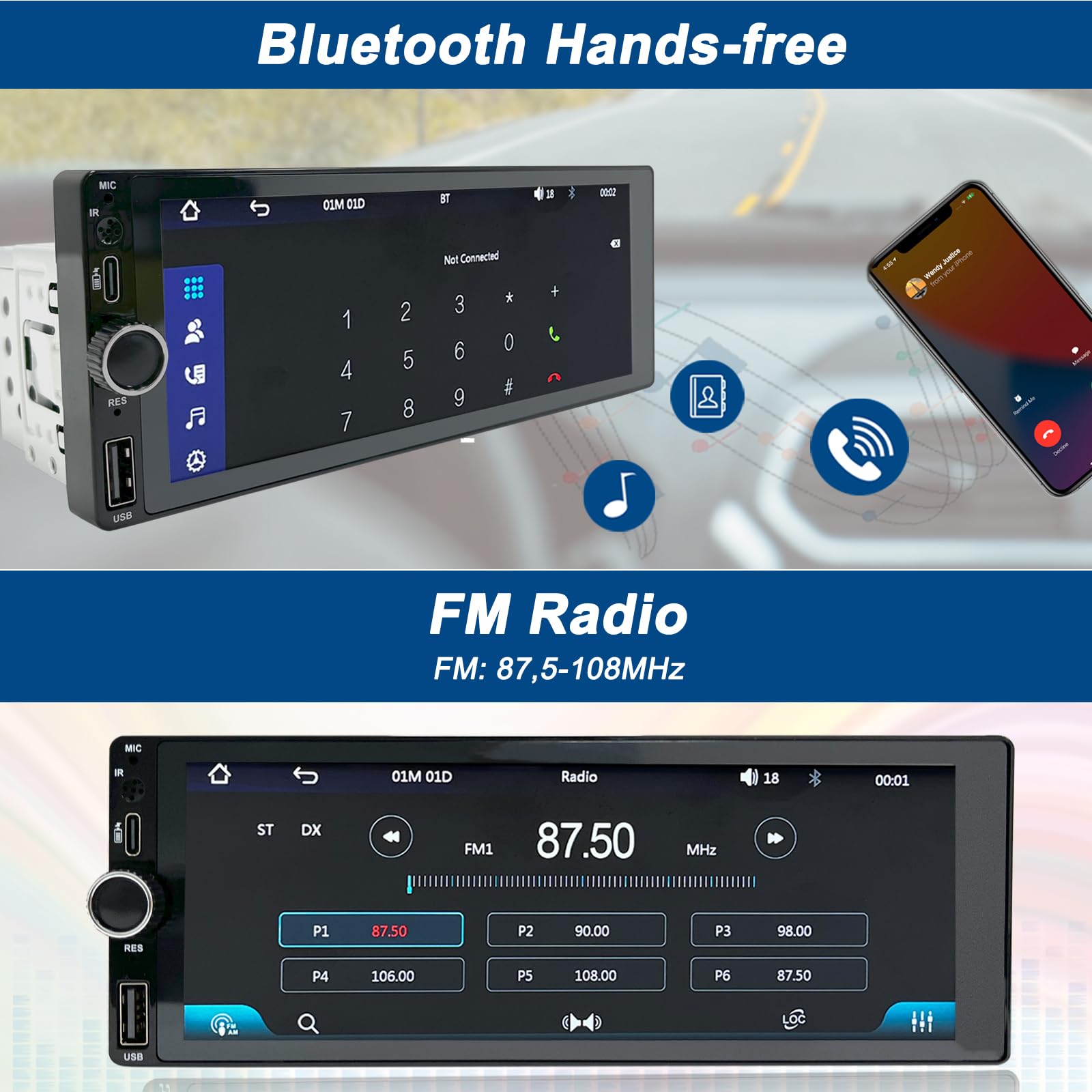 Wireless Autoradio CarPlay 1 DIN - 6.86 Pouces HD Ecran Tactile Radio Car Play sans Fil Soutien PhoneLink iOS/Android avec Caméra de Recul, RDS Radio FM/Type-C de Recharge/Mic/EQ/SWC
