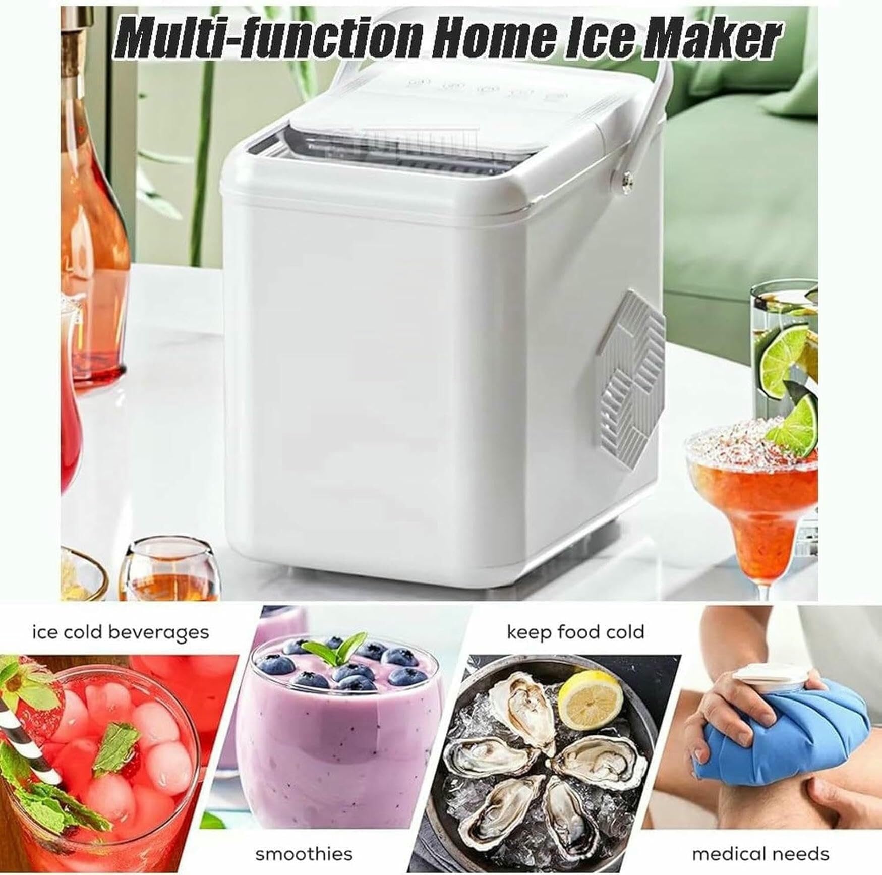 Produttore di ghiaccio da banco compatto, produce 9 cubetti di ghiaccio proiettile in pochi minuti, unità portatile auto-pellente con maniglia, cesto di ghiaccio e scoop per Home Kitchen Office Bar Pa