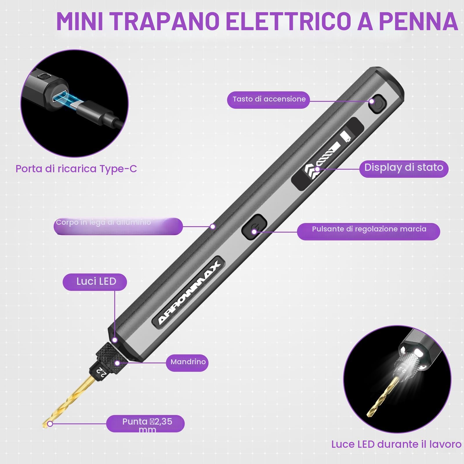 ARROWMAX Mini trapano elettrico a 5 velocità, 10 piccole punte da trapano con scatola in alluminio, display OLED, luci a LED, piccolo set di trapano elettrico per resina, gioielli, artigianato