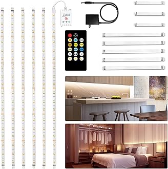 DAYBETTER Under Cabinet Lighting Kit, 6 PCS 20 Inch Under Cabinet Lights, 2700K-6500K Tunable White LED Strip Lights with Remote, 12V Adapter, LED Lights for Kitchen Cabinets, Shelf, Counter, 9.8ft