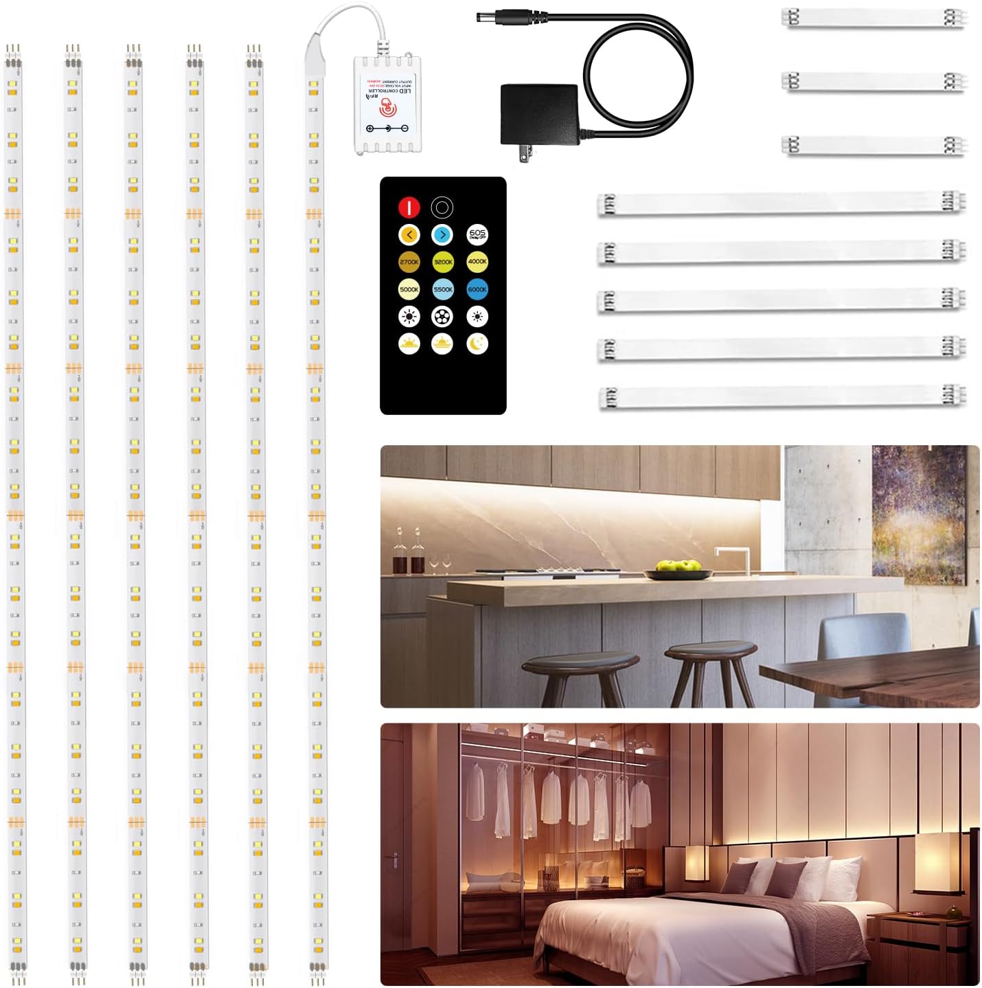 DAYBETTER Under Cabinet Lighting Kit, 6 PCS 20 Inch Under Cabinet Lights, 2700K-6500K Tunable White LED Strip Lights with Remote, 12V Adapter, LED Lights for Kitchen Cabinets, Shelf, Counter, 9.8ft