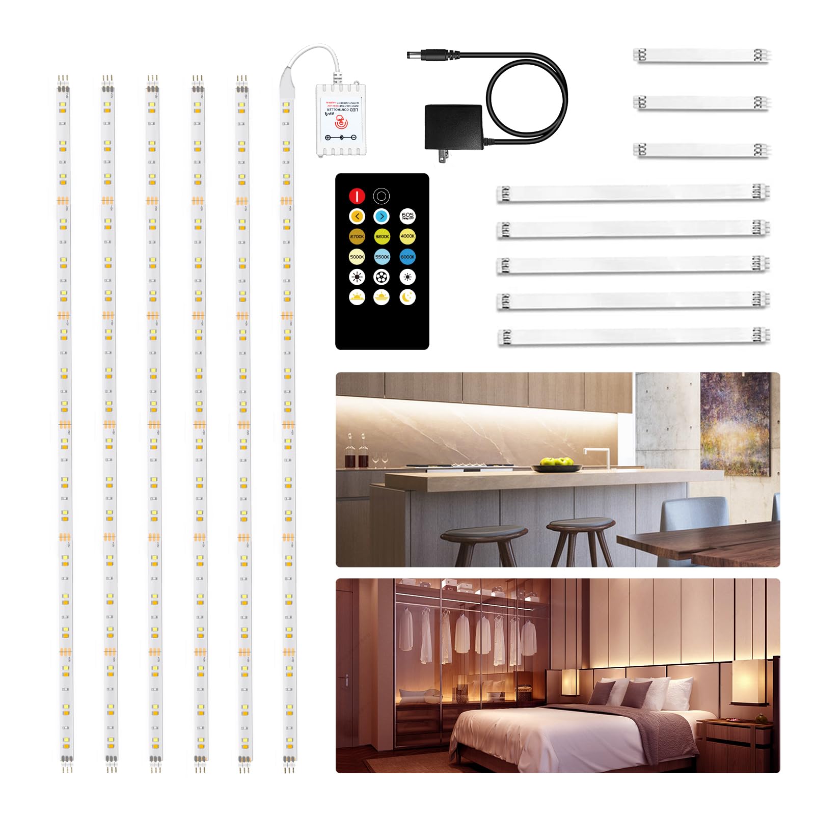 DAYBETTERUnder Cabinet Lighting, Dimmable Under Cabinet Lights with Remote, 360 LEDs, Tunable White(2700K-6500K) 6 PCS 3.28ft LED Strip Lights kit for Kitchen, Cabinet, Counter, Shelf, Timer, 9.84ft