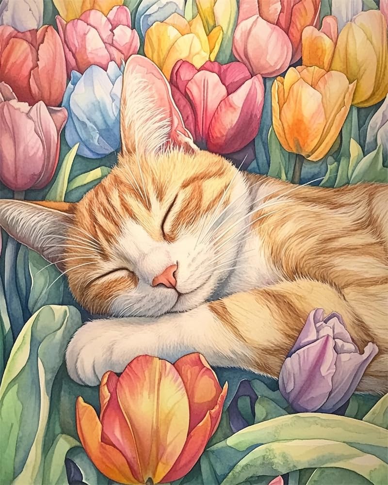 Henypt Cross Stitch Kits for Adults,Cat and Tulips Easy Counted Pre Printed Stamped Embroidery Set for Adult, 11Ct Cross Stitch Patterns, Advanced Embroidery Beginner Starter Set