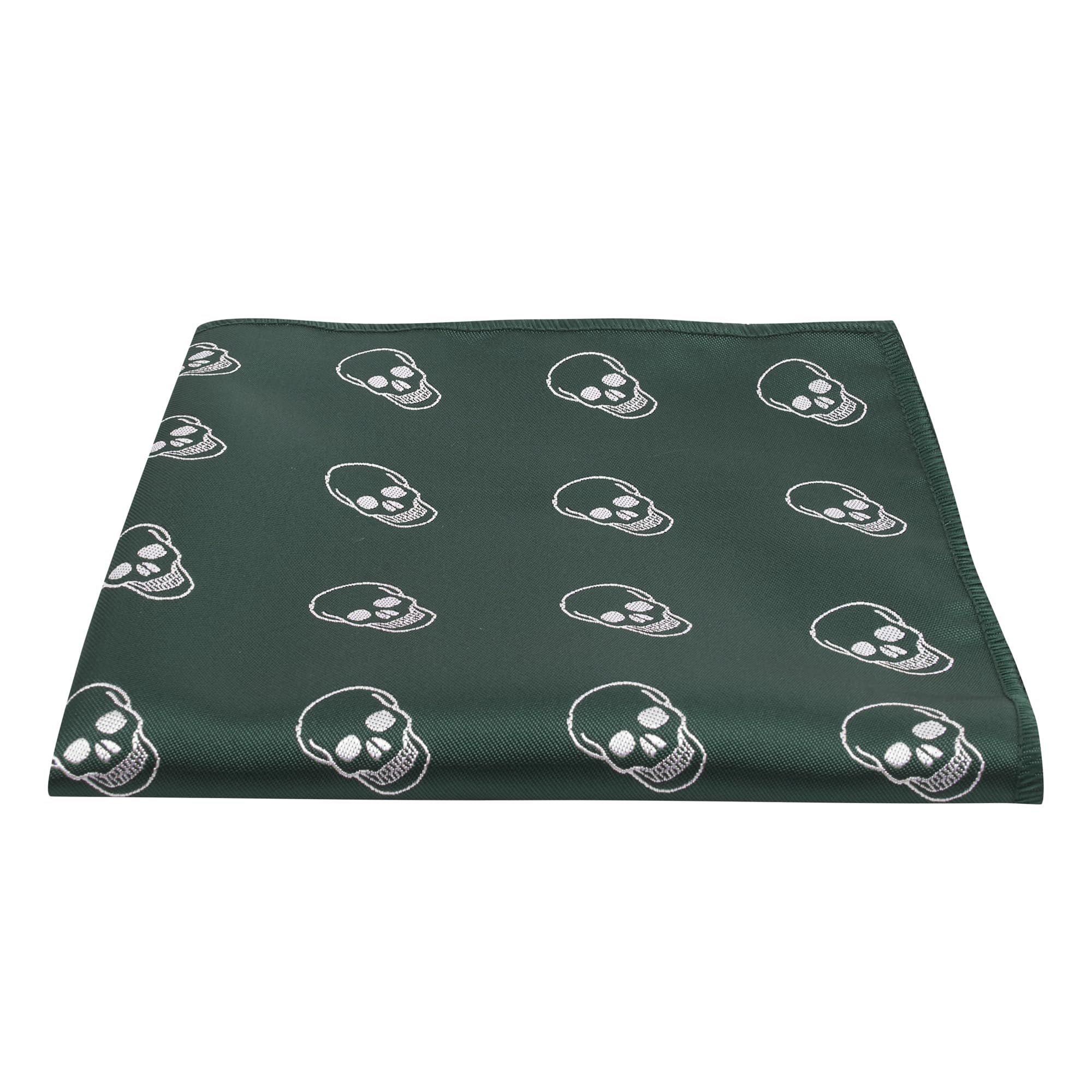King & Priory Dark Green Embroidered Skull Pocket Square, Handkerchief