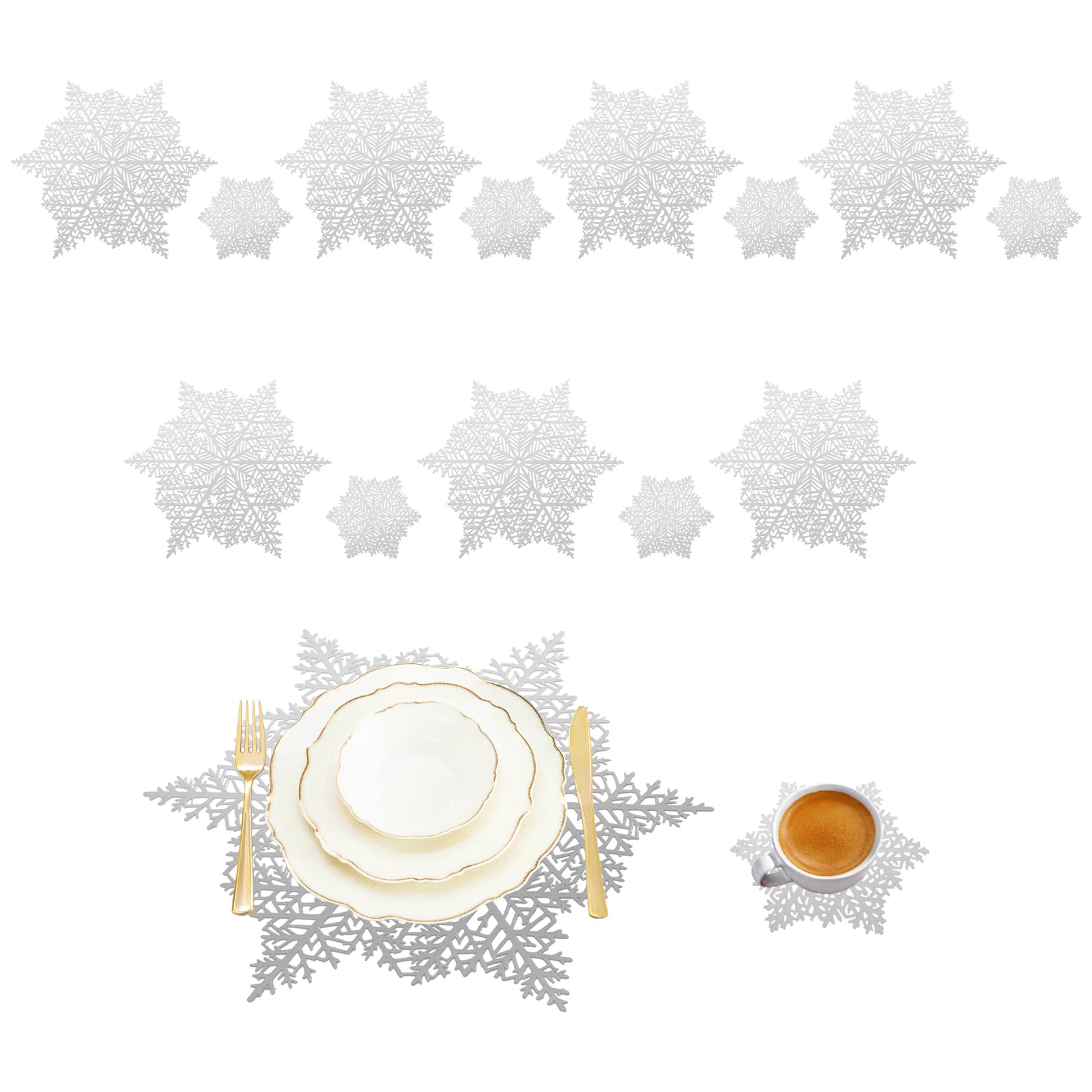 AYSYR Christmas Placemats and Coaster Sets - 7 Pcs Gold Placemats and 7 Pcs Matching Coaster Reusable,Place Mats for Table Washable,Christmas Table Mats Decoration for Restaurant Party (Silver)