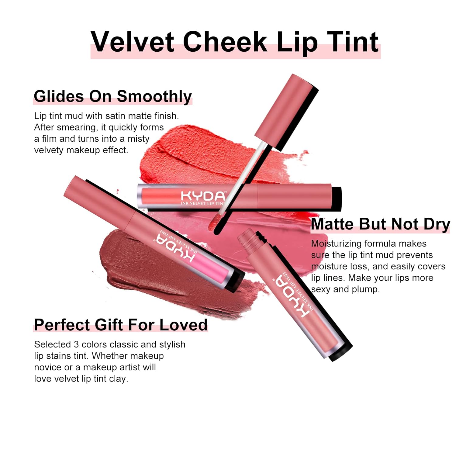 3 Colors Velvet Lip Tint, Cheek Lip Tint High Pigment Lightweight Matte Finish, Waterproof Non Sticky Cup Lip Stains Tint, Mousse Lip Mud Cream Blush,0.176 fl oz-Set A