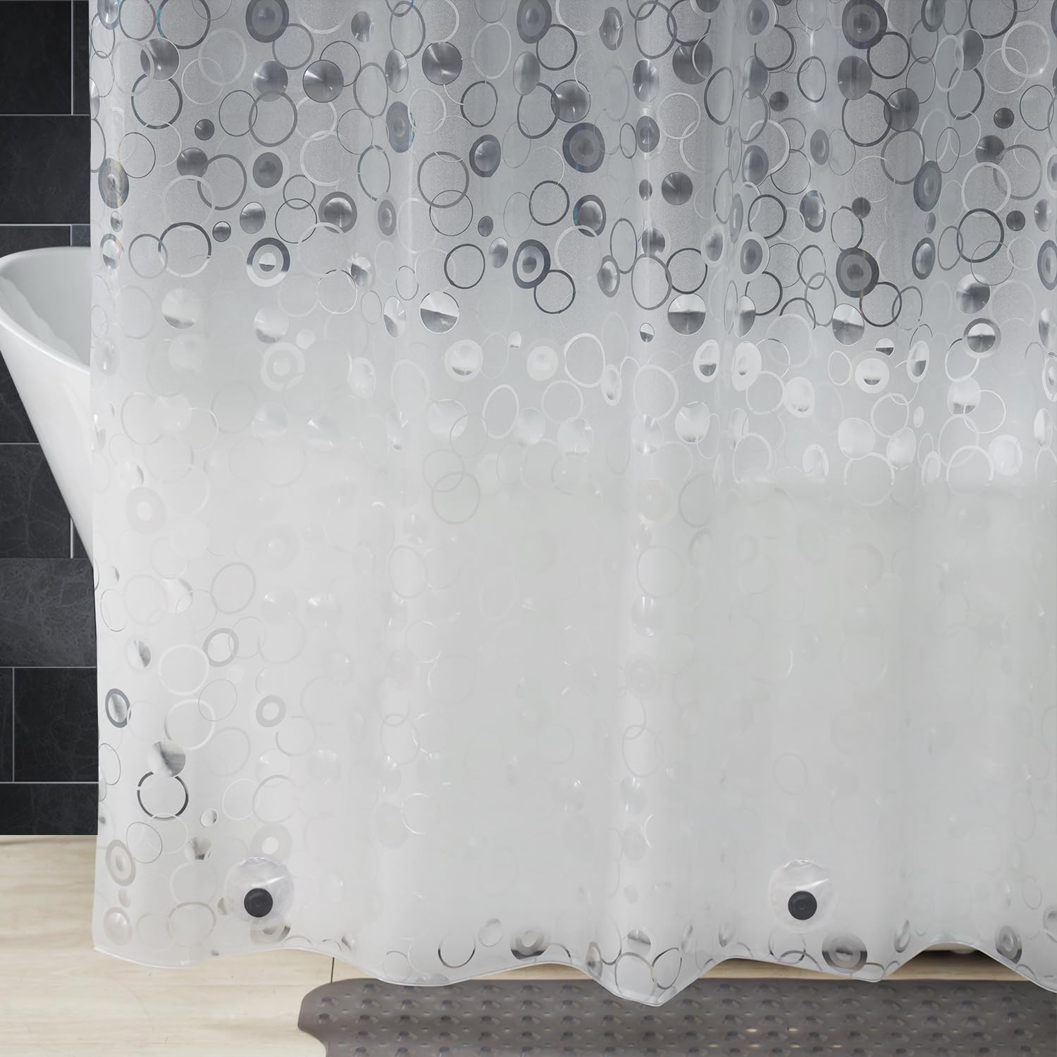 AooHome Cortina de ducha corta de plástico de 66 pulgadas – Cortina de ducha de EVA con diseño circular 3D con ganchos, 5 imanes inferiores, 10 g, resistente, repelente al agua, semitransparente, 72 x
