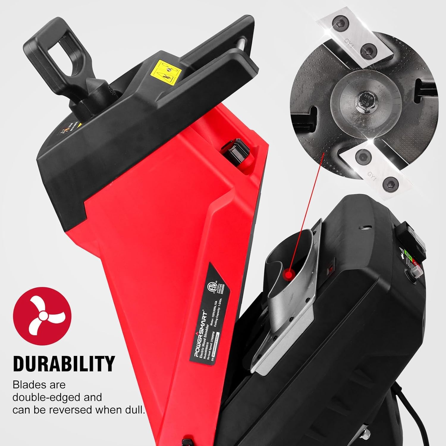 PowerSmart Trituradora eléctrica de madera con cable de 120 V 15 A, trituradoras con capacidad de rama de 45 mm, bolsa de colección para jardín