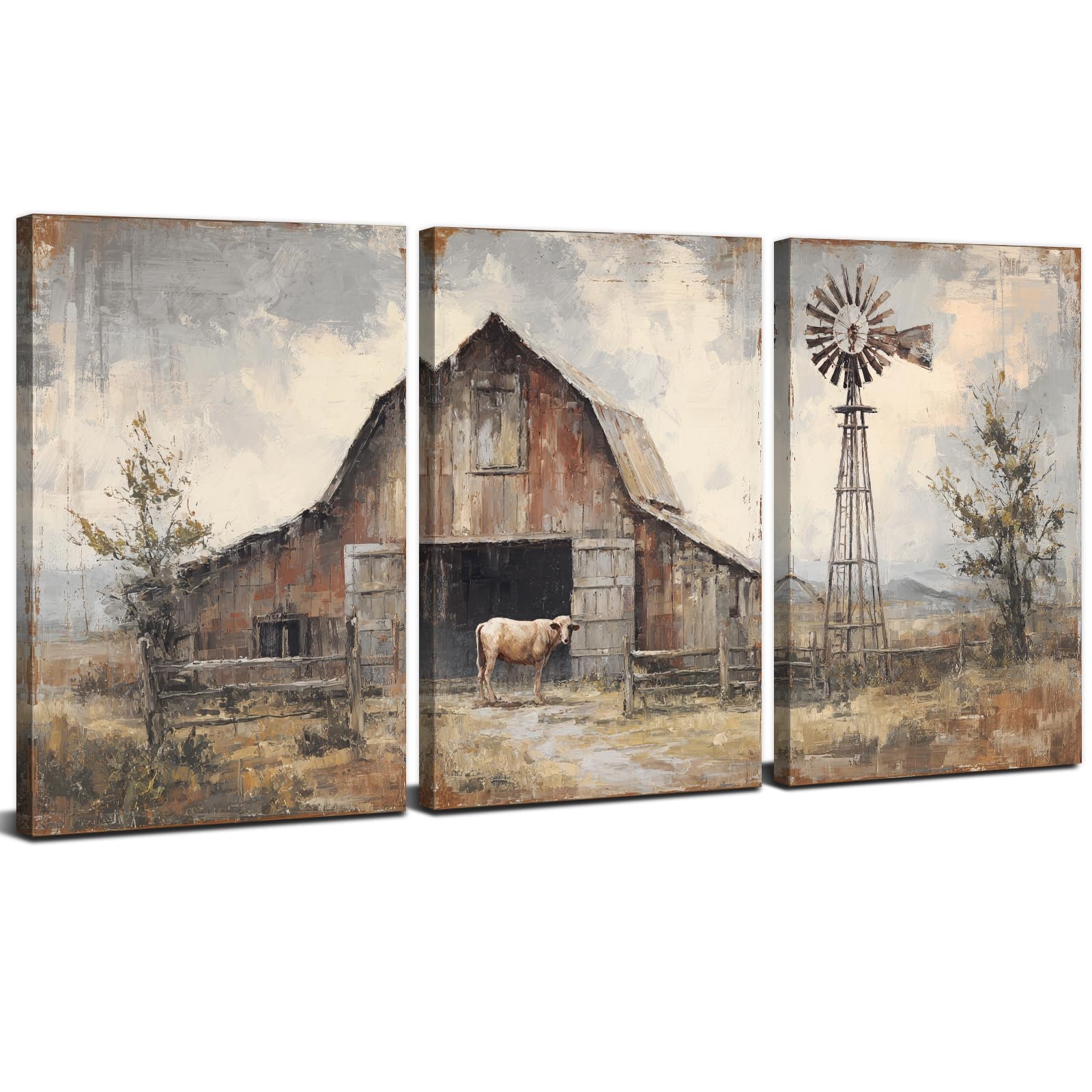 3Pcs Vintage Farmhouse Wall Art Cow Canvas Pictures for Kitchen Vintage Country Animal Painting Posters Cottage Botanical Prints Windmill Barn Landscape Artwork for Bedroom Home Decorations 12x16"