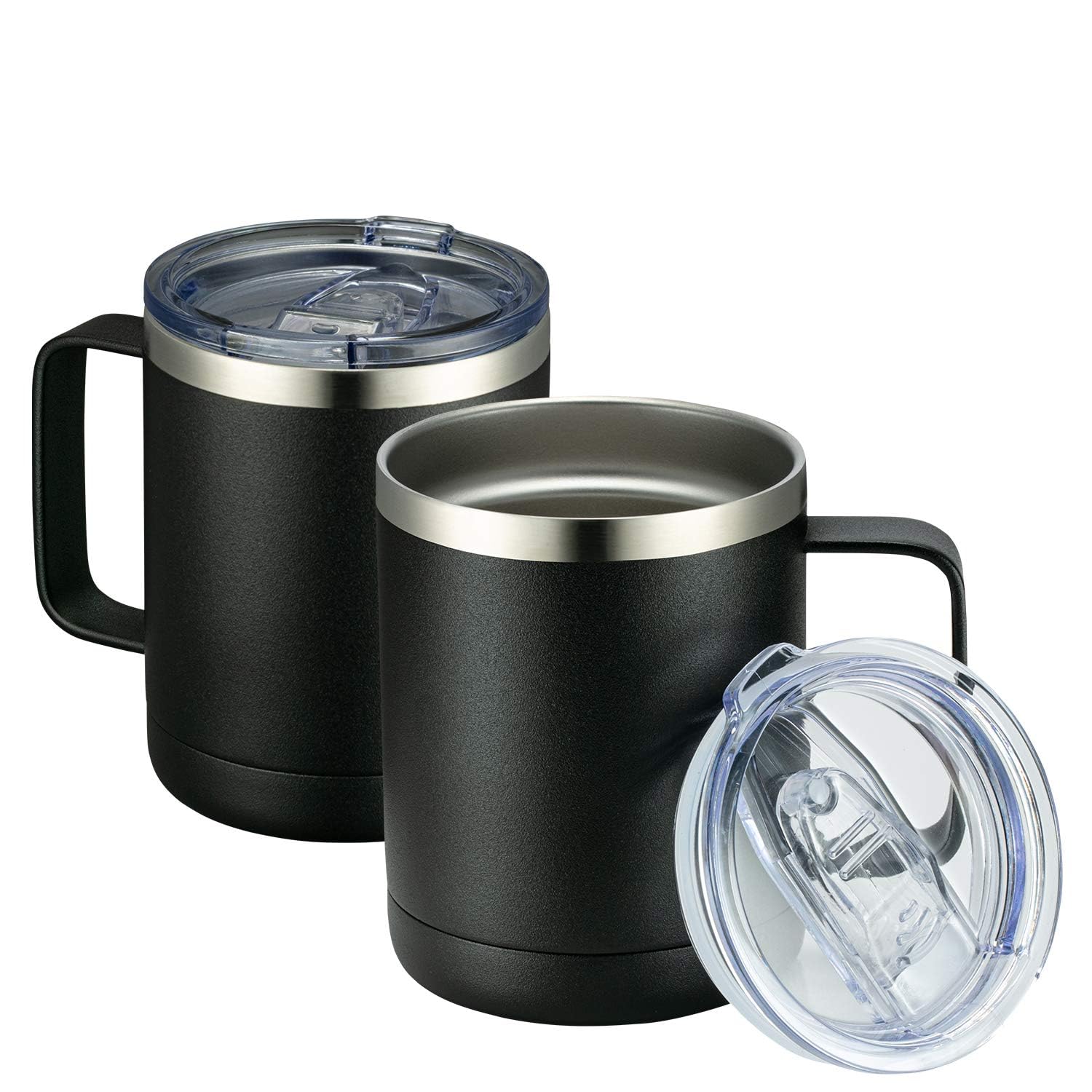 MEWAY Kubek do kawy 350 ml z uchwytem, 2 sztuki, izolowane kubki podróżne ze stali nierdzewnej z przesuwaną pokrywką, próżniowy kubek kempingowy z podwójną ścianką do gorących i zimnych napojów herbaty (czarny, zestaw 2 szt.)