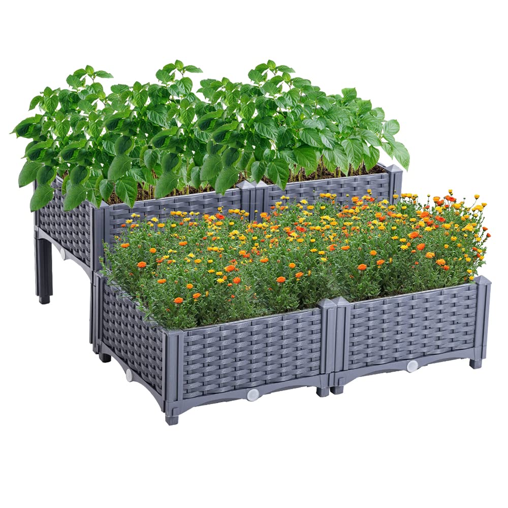Mingone Pflanzkübel & Blumenkübel Outdoor – Wasserspeicher, Drainage – selbstbewässernd für Kletterpflanzen, ideal für Balkon, Terrasse & Garten (80×80×23-38cm, Rattan-Optik Graublau)