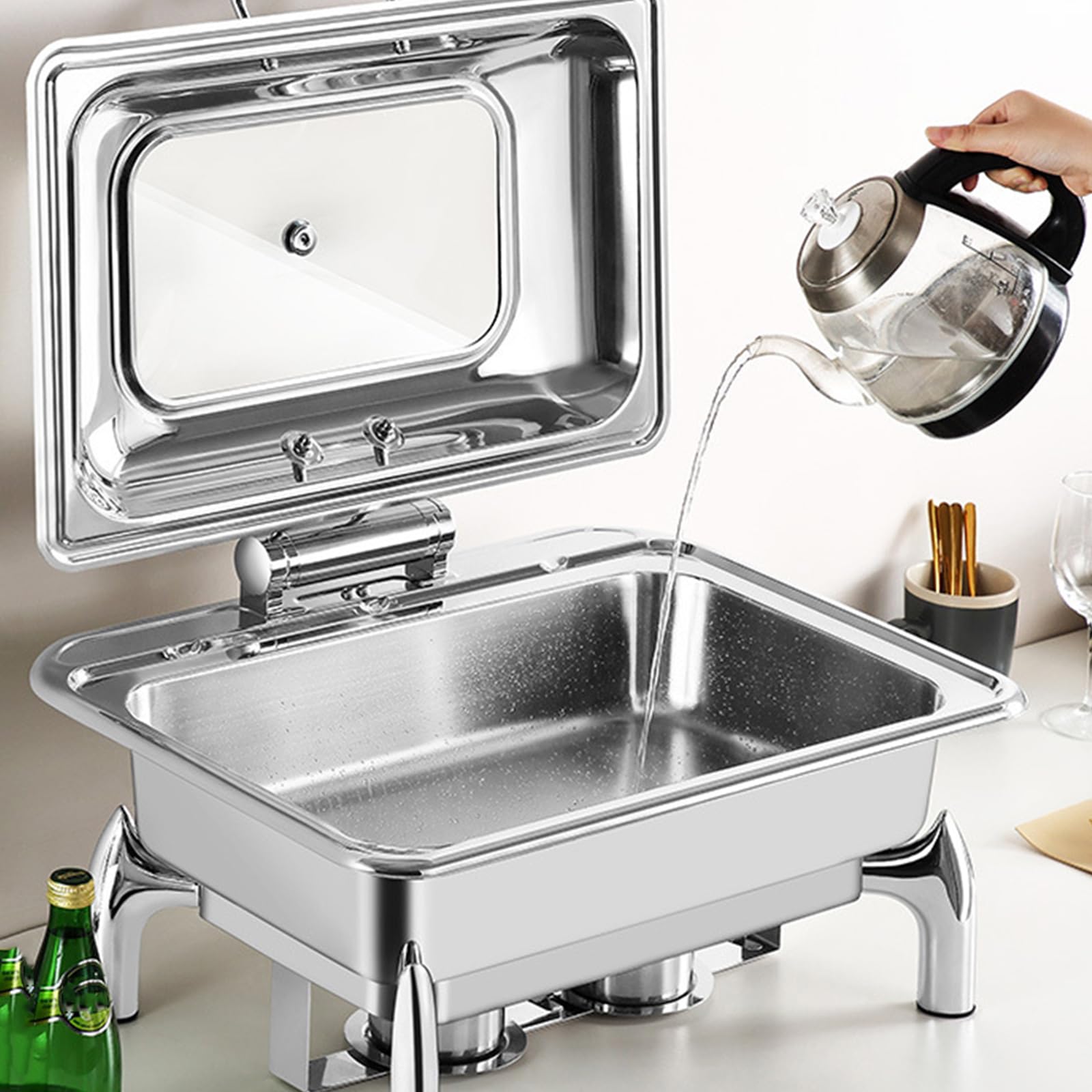 Ensemble de plats rectangulaires en acier inoxydable de 10 L avec couvercle en verre pour banquet traiteur