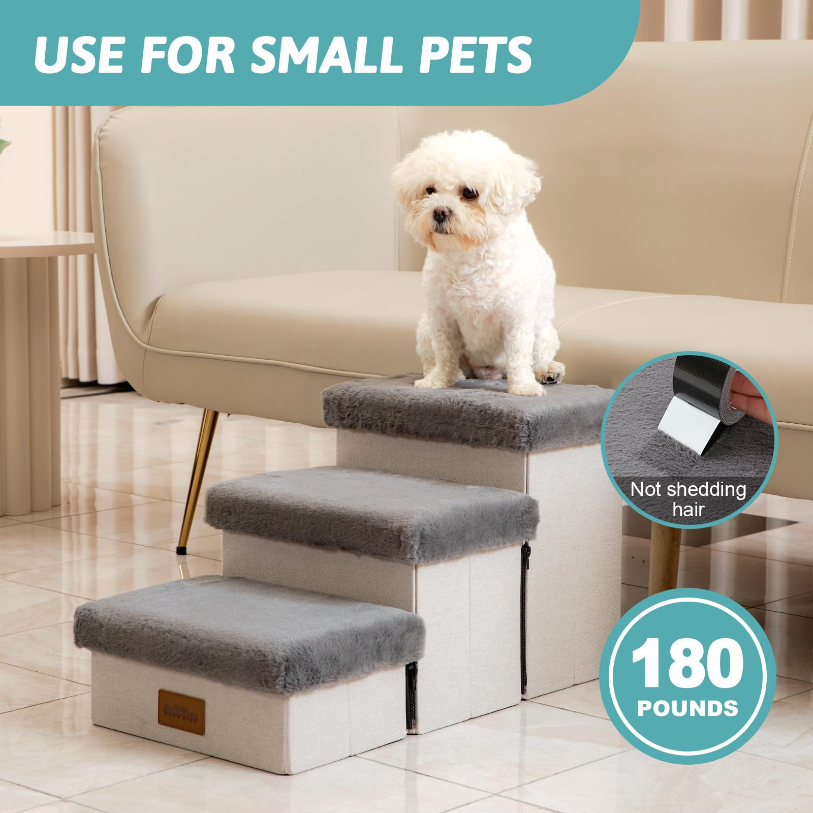 COZY KISS Scale per Cani di Piccola con Scatole Portaoggetti, Scale per Animali Pieghevoli per Letto, Divano e Sedia, Durevole, Fino a 80 kg (Grigio, Medio, 3)