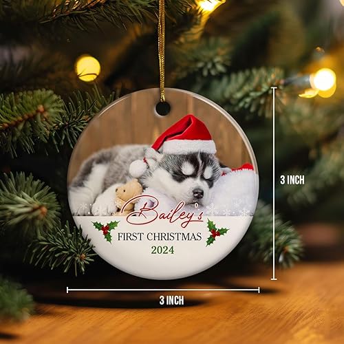Vista 4 de SANDJEST Adornos personalizados de cerámica con foto personalizada para cachorros de primera Navidad 2024 para amantes de los perros, corazones