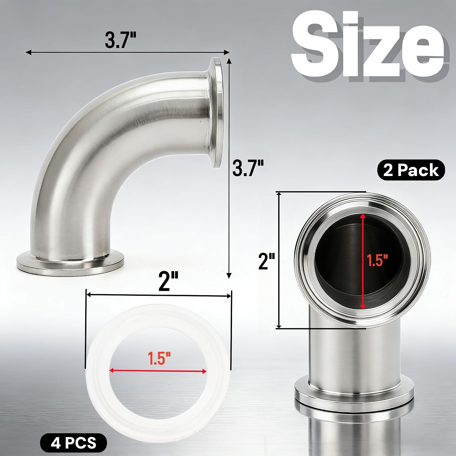 2 Pack 1.5" Tube ID Sanitary Ferrule Elbow, 90 Degree Elbow with 4 Silicone Gaskets, 304 Stainless Steel Sanitary Pipe Fitting, Tri Clamp Fitting Ferrule OD 2"/50 mm for Plumbing, Easy Install