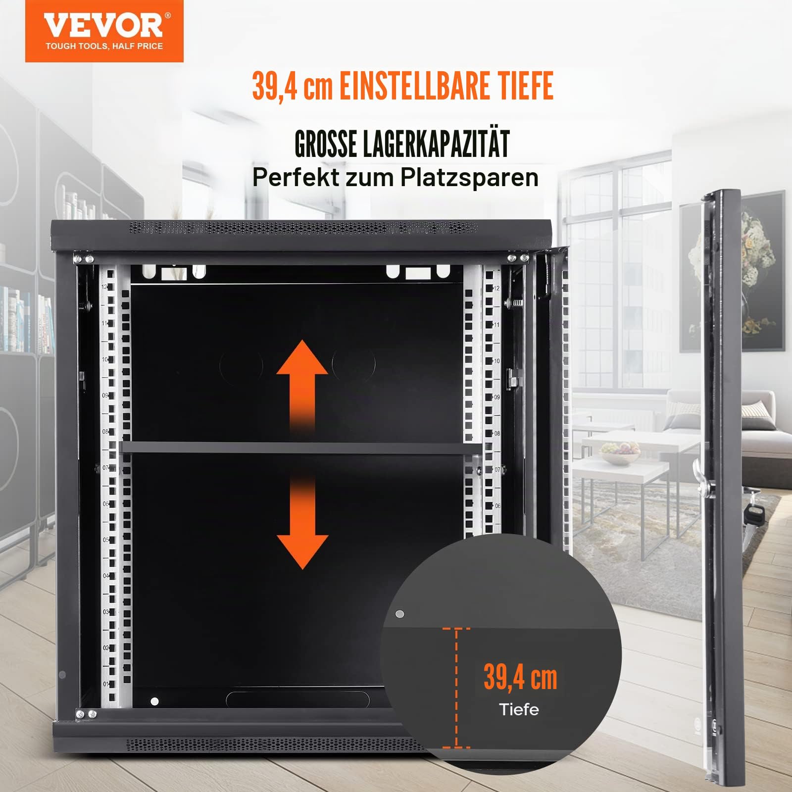 VEVOR 9U Netzwerk-Serverschrank zur Wandmontage, 15,5 Zoll tief, Server-Rack-Schrankgehäuse, ca. 91 kg. Bodenmontierte Ladekapazität, mit abschließbaren Glastür-Seitenwänden, für IT-Geräte, A/V-Geräte