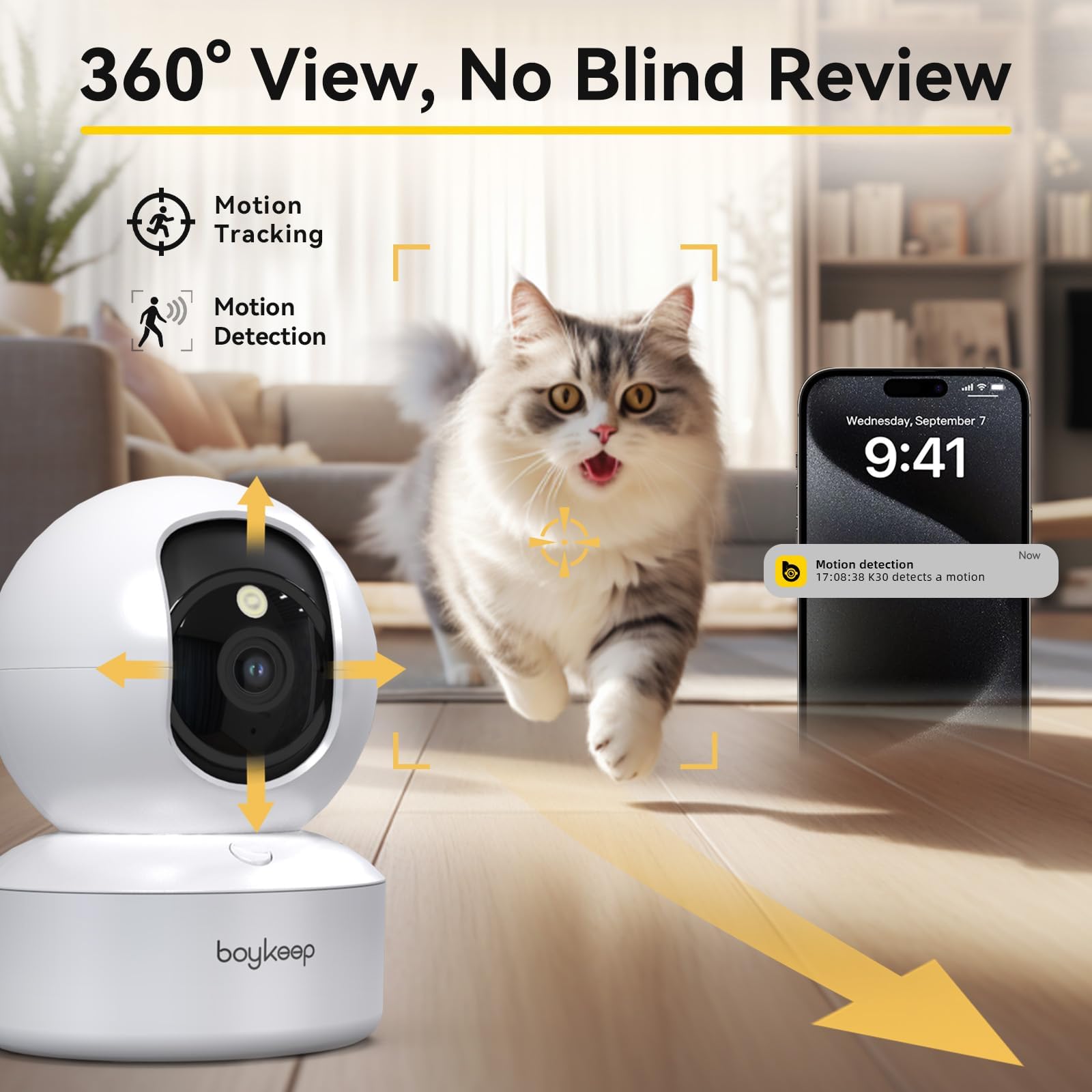 BoyKeep Caméra 2K pour Chien avec Application pour téléphone, détection de Mouvement et Suivi, Audio bidirectionnel, 5G/2,4 GHz, WiFi/Bluetooth 12 Secondes, Stockage en Nuage Gratuit, Version