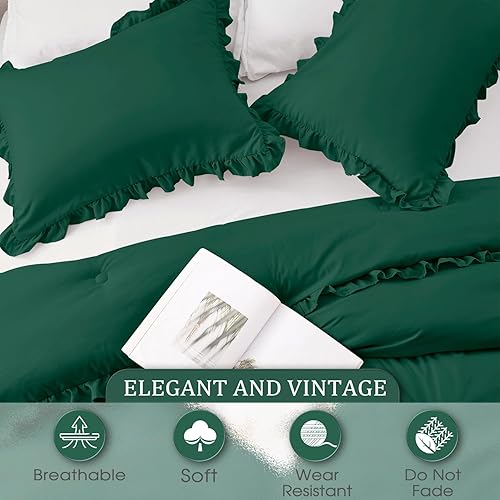 Miniatura 3 de HARBOREST Juego de edredón tamaño individual, color verde bosque, edredón con volantes para cama de tamaño individual, juego de edredón ligero para