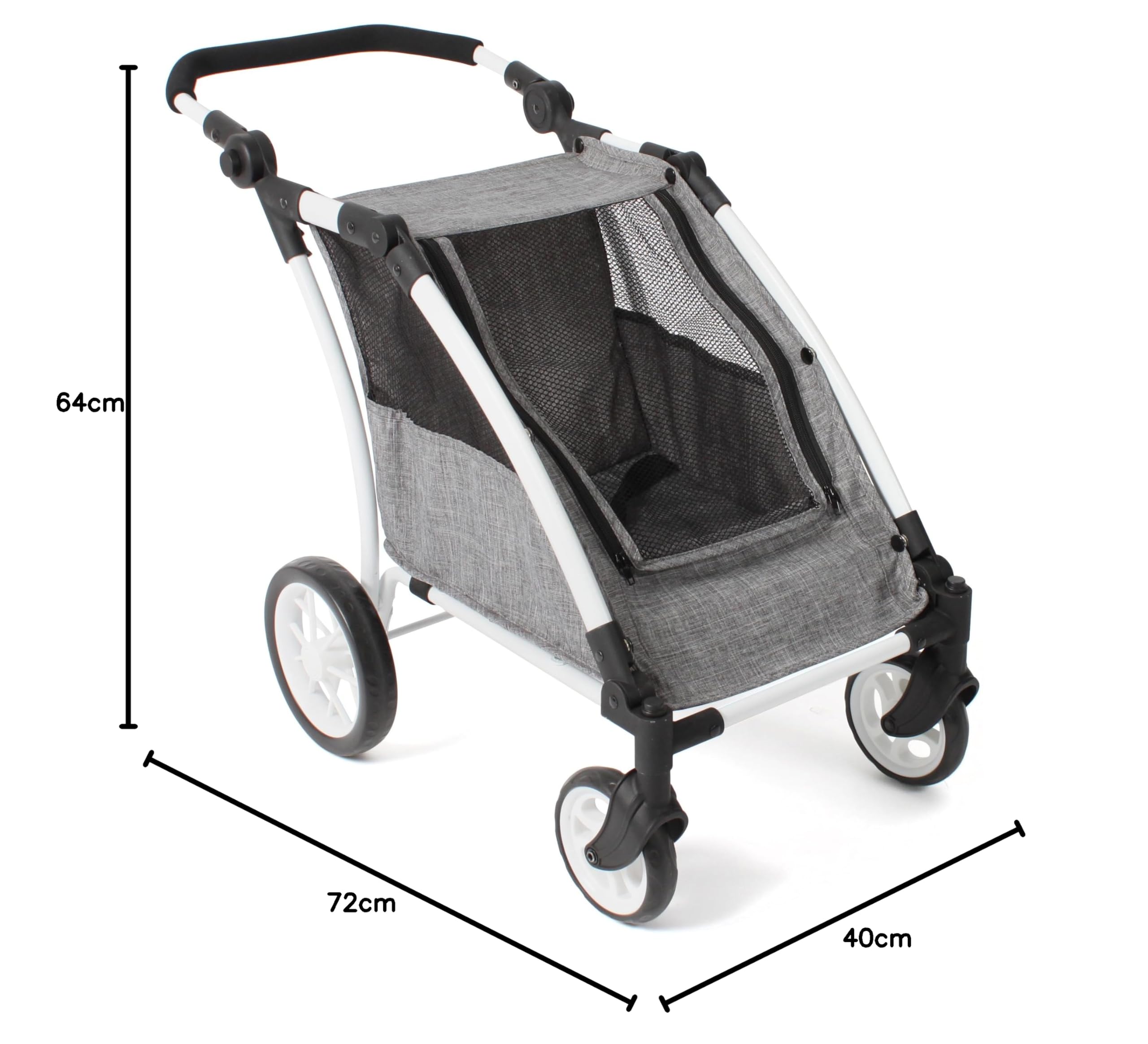 Bayer Chic 2000 Roadster | Zwillings-Puppenwagen Jeans Grau | Verstellbar | Sportlicher Puppentrailer für 2 Puppen (bis 46 cm). Höhenverstellbarer Schieber (33–71 cm). Jeans Grau. Robust & Chic.