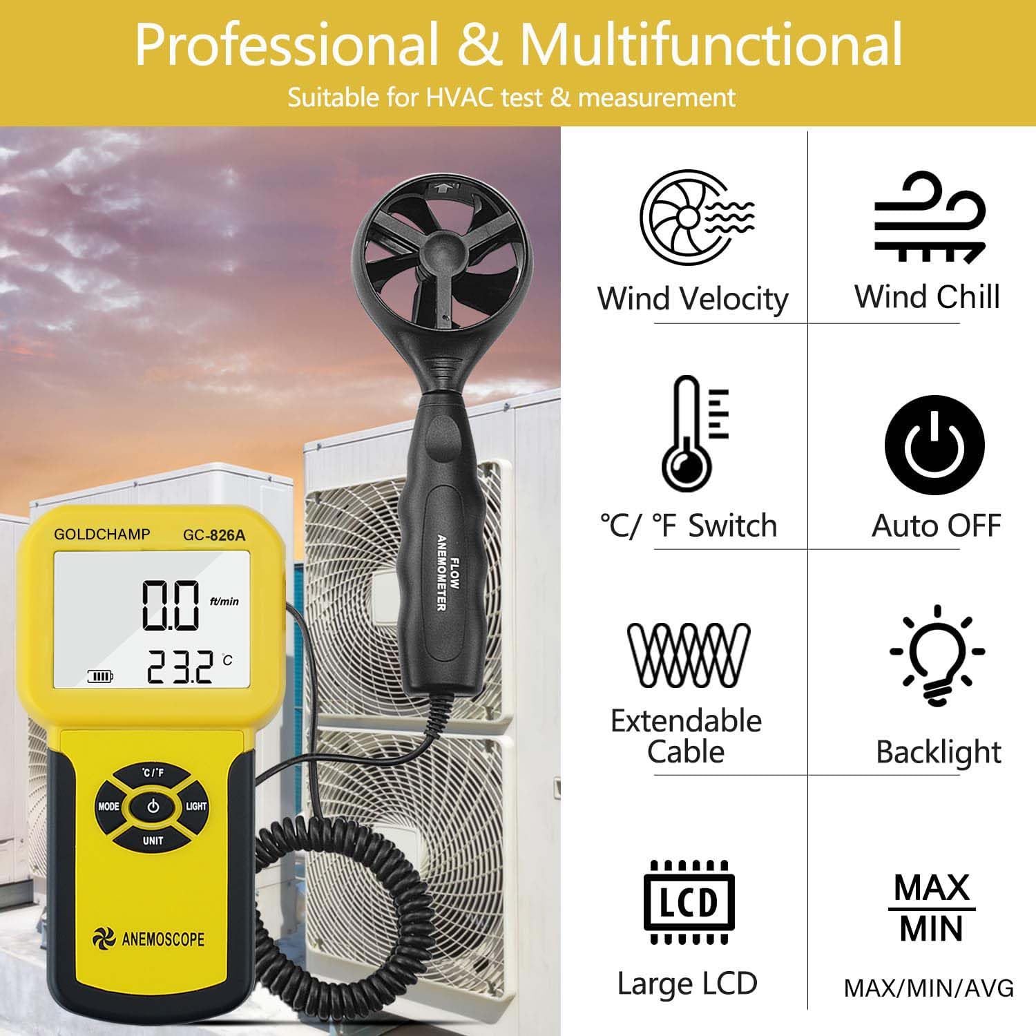 Anemometer windmesser, Digitales Anemometer Handmessgerät 826A Windmesser Windmessgerät/Temperatur ℃/℉, Digitaler Windmesser Max/Min/Durchschnitt/Echtzeitmessung mit LCD-Hintergrundbeleuchtung