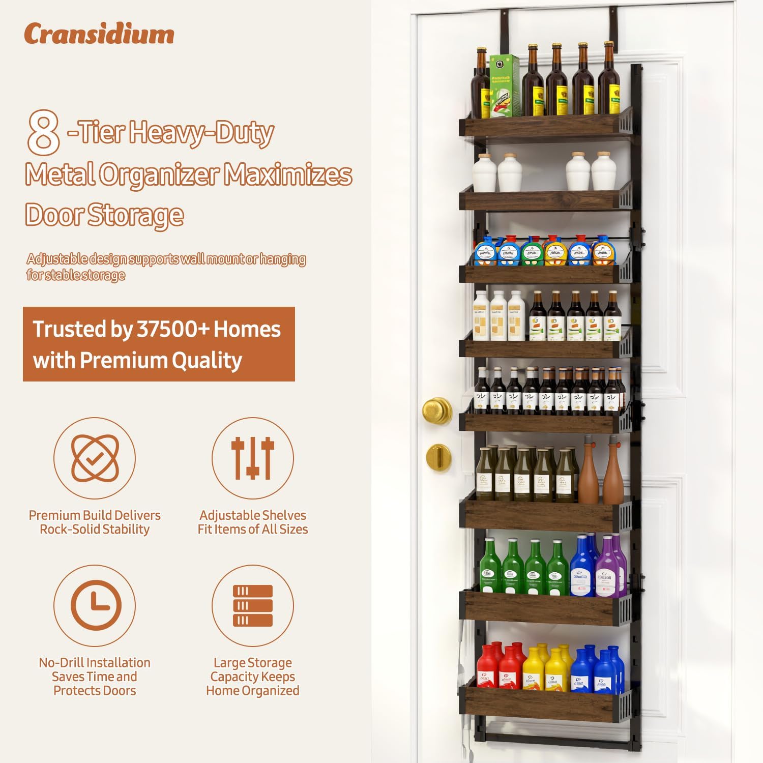 Over the Door Pantry Organizer: Storage and Pantry Organization with Hanging Basket - 8-Tier Metal Spice Rack Adjustable Shelves for Kitchen Laundry Room Bedroom & Bathroom Black