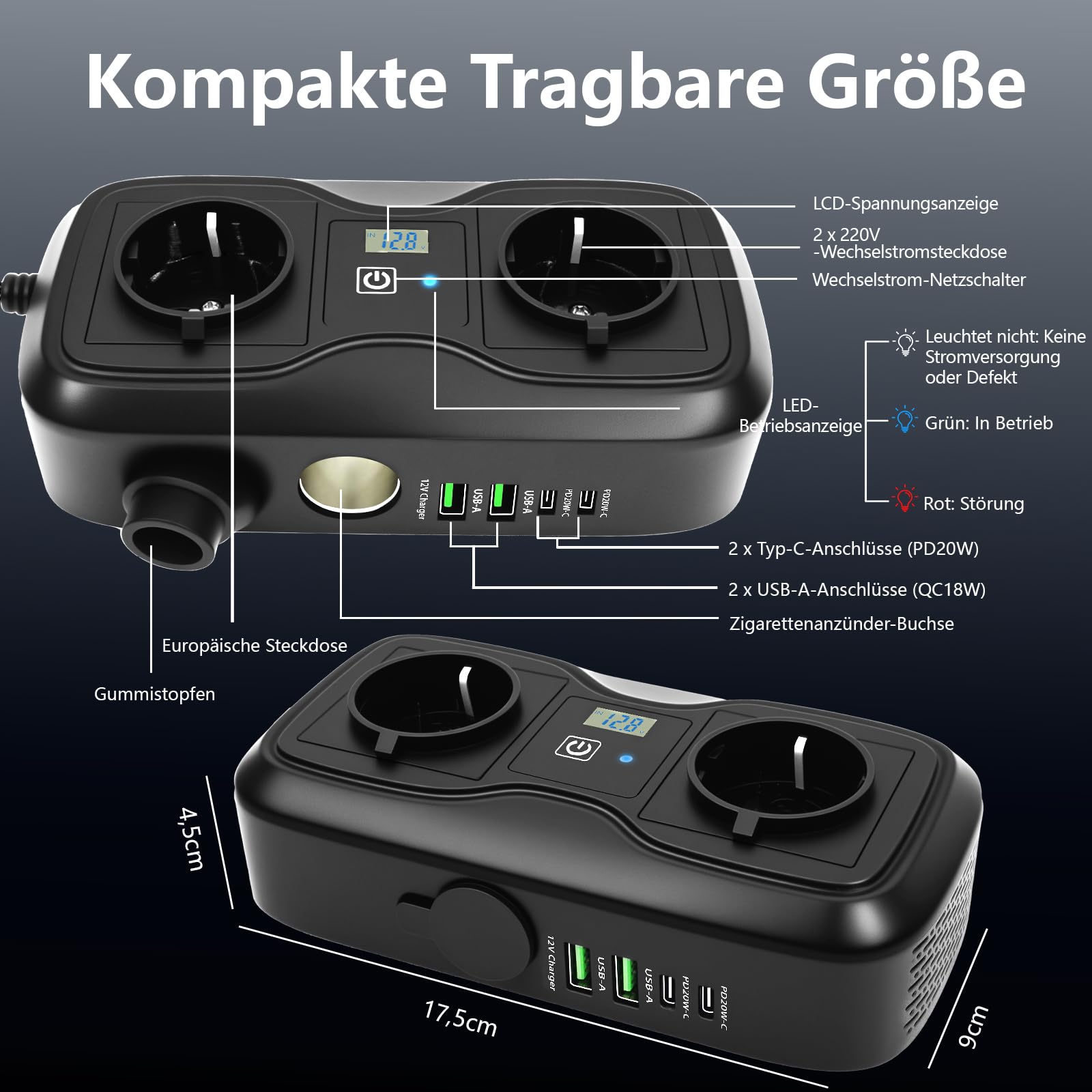 7 in 1 200W Wechselrichter 12V auf 220–230V, SZSSTH Spannungswandler Auto Steckdose 2 USB-A/2 Typ-C (5V 3A), Stromwandler mit Zigarettenanzünder Steckdose Power Inverter für Handys, Laptops, Campen