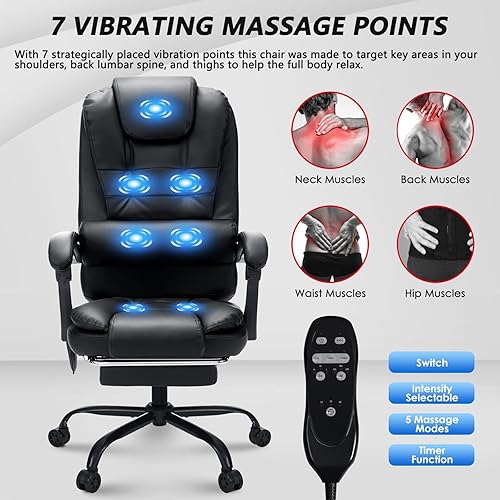 Miniatura 4 de Silla de oficina de masaje, sillas de oficina reclinables con reposapiés, silla de escritorio de piel sintética suave, respaldo alto, silla