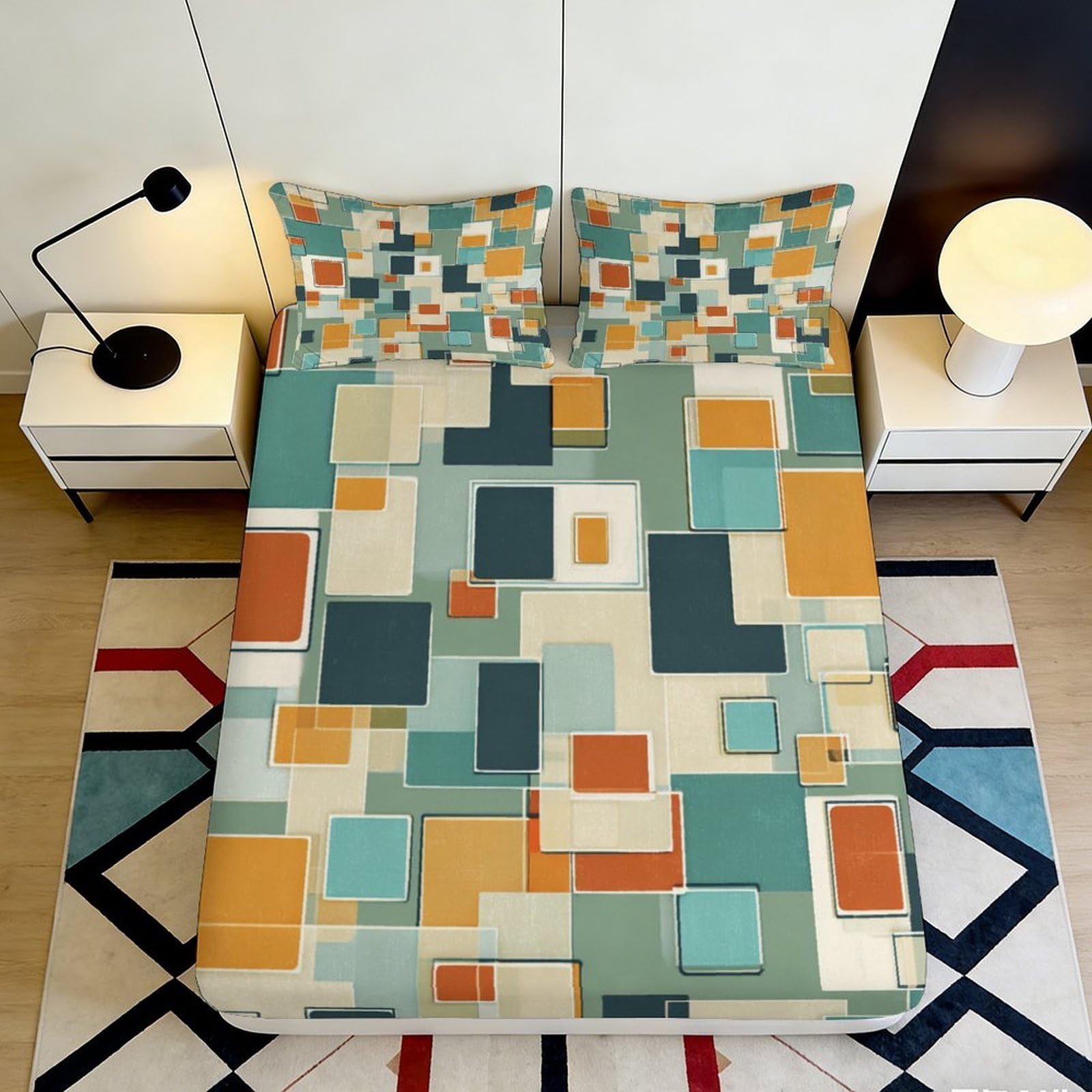 Uxinyoume Style-3 3D Printed Geometric Abstract Fitted Sheet Microfiber Soft Multicolor Mosaic Bed Cover For Bedroom Guest Room 90X200x25cm