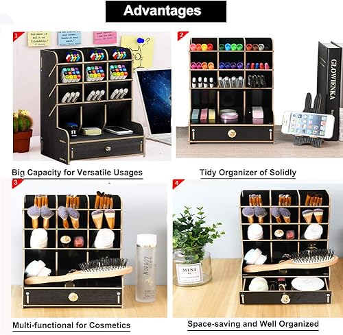 Miniatura 7 de Marbrasse - organizador de escritorio de madera, multifuncional, caja de soporte para bolígrafos, papelería de escritorio, fácil de montar, estante