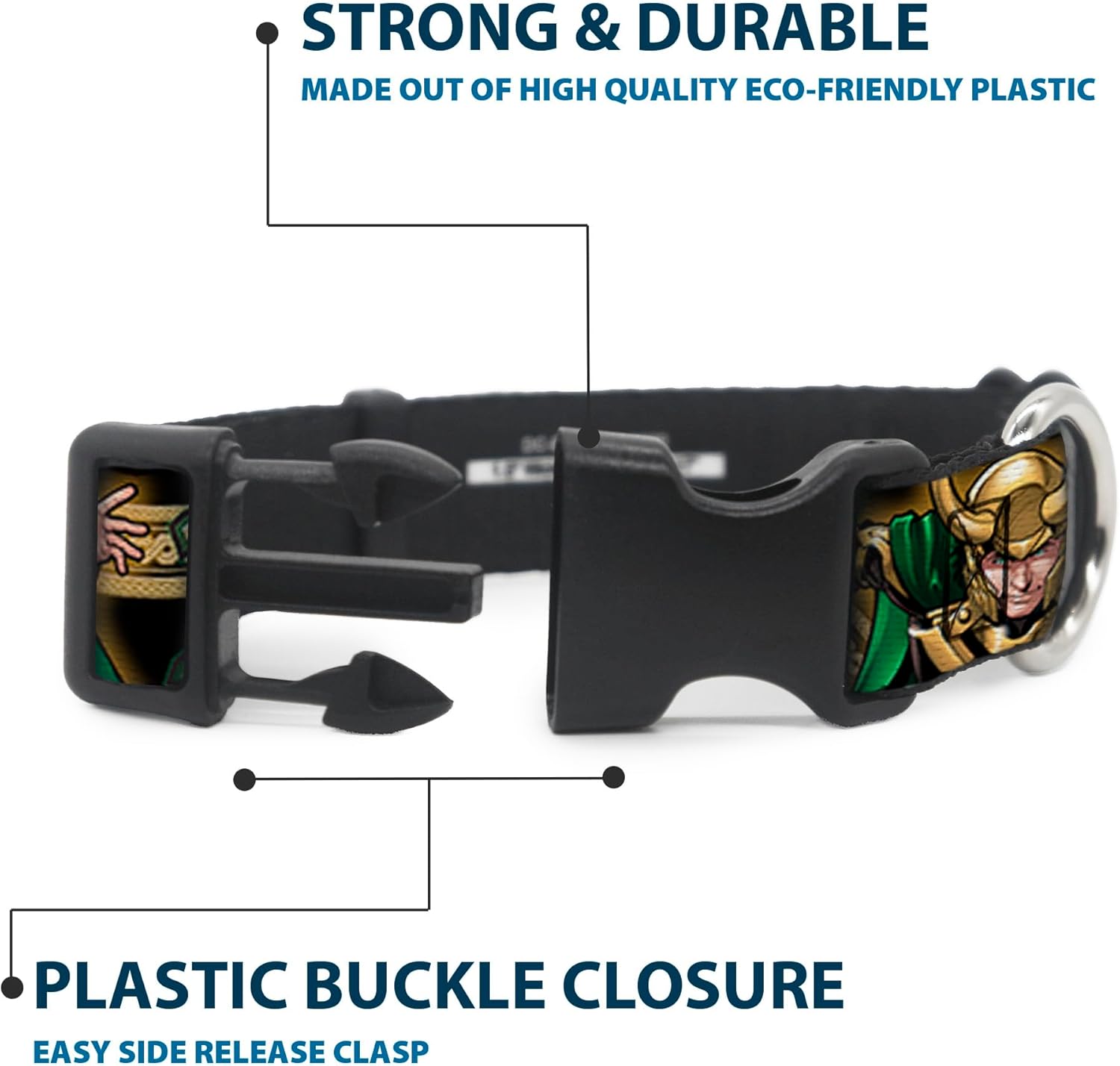 Dog Collar Plastic Clip Loki Poses Black Gold Green 16 to 23 Inches 1.5 Inch Wide