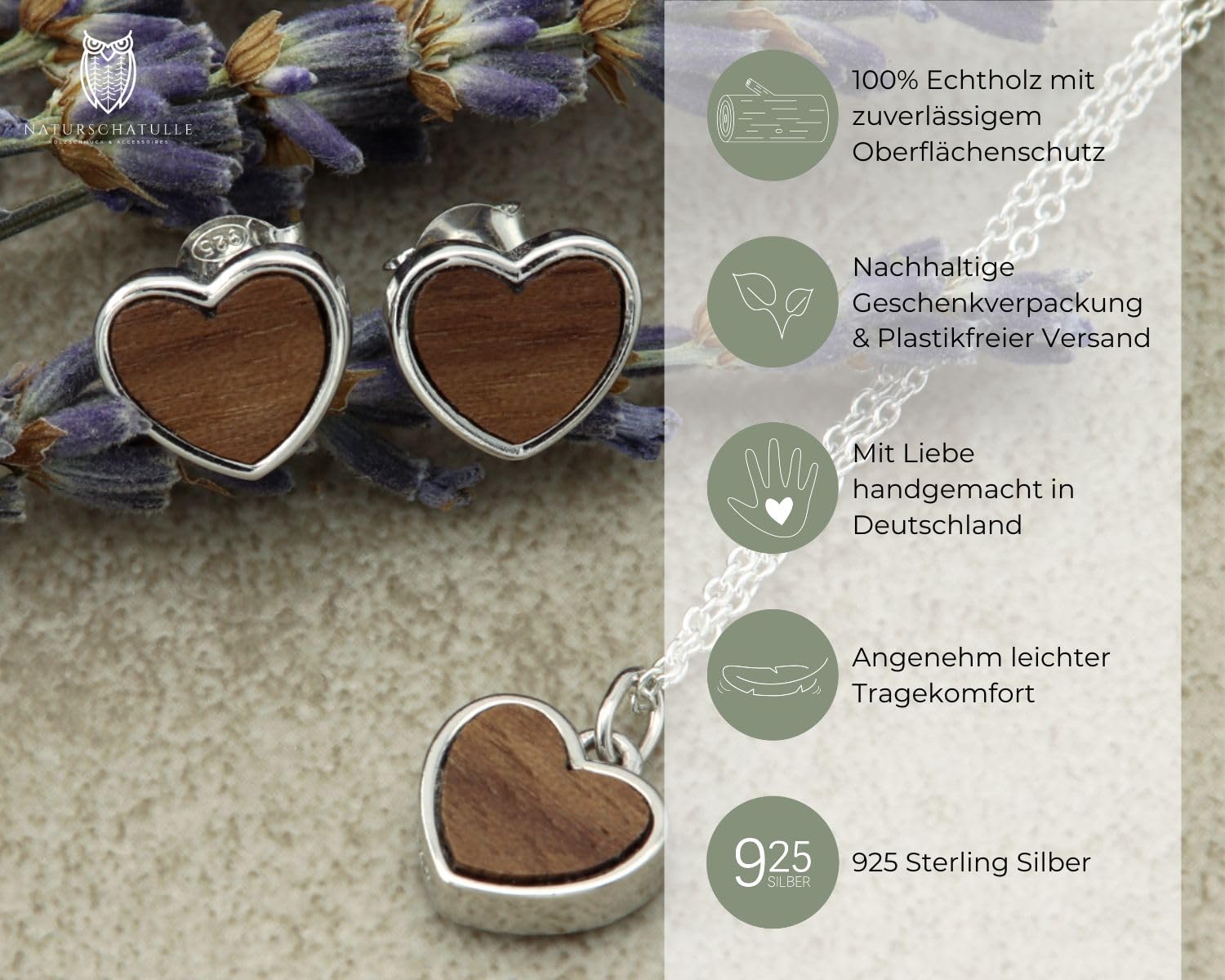NaturSchatulle Holzschmuck Set Ohrringe Halskette Herz 9mm Damen Holzohrringe 925 Silber Nussbaum Holz Ohrstecker Schmuck