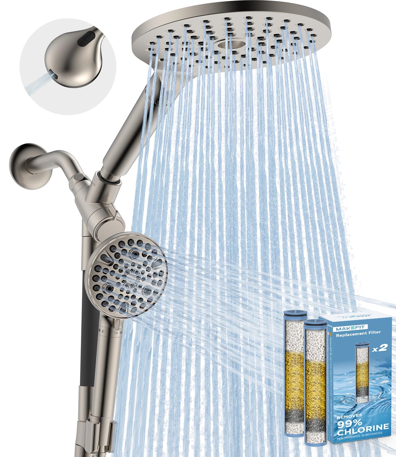 MakeFit Dual Filtered Rain Shower Head Combo, High Pressure Handheld Shower Head with Adjustable Bar - Rainfall Shower Head And Showerhead with Filter for Hard Water - Removes Chlorine(Brushed Nickel)