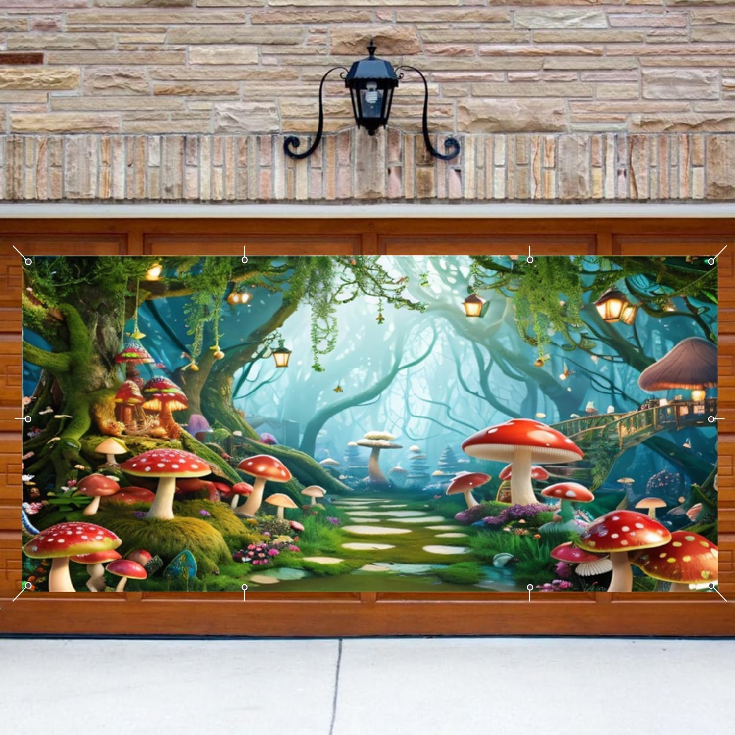 7 x 16 ft Large Enchanted Forest Garage Door Banner Decoration Backdrop Spring Green Forest Sunshine Mushroom Pebble Road Garage Door Decorations Birthday Party Wedding Baby Shower Garage Door Cover