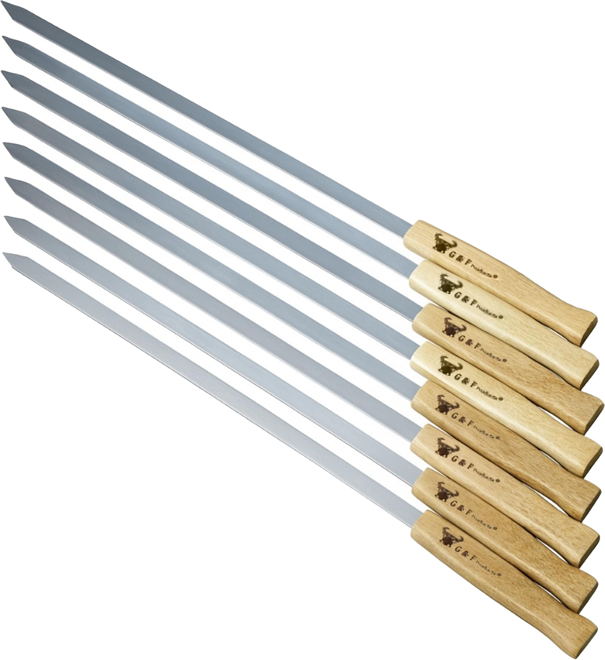 17-Inch Long, Large Stainless Steel Brazilian-Style BBQ Skewers with Hard Wood Handle, Kebab Kabob Skewers, 3/8 Inch Wide Blade, Set of 8 Skewer with Heavy Duty Travel Bag