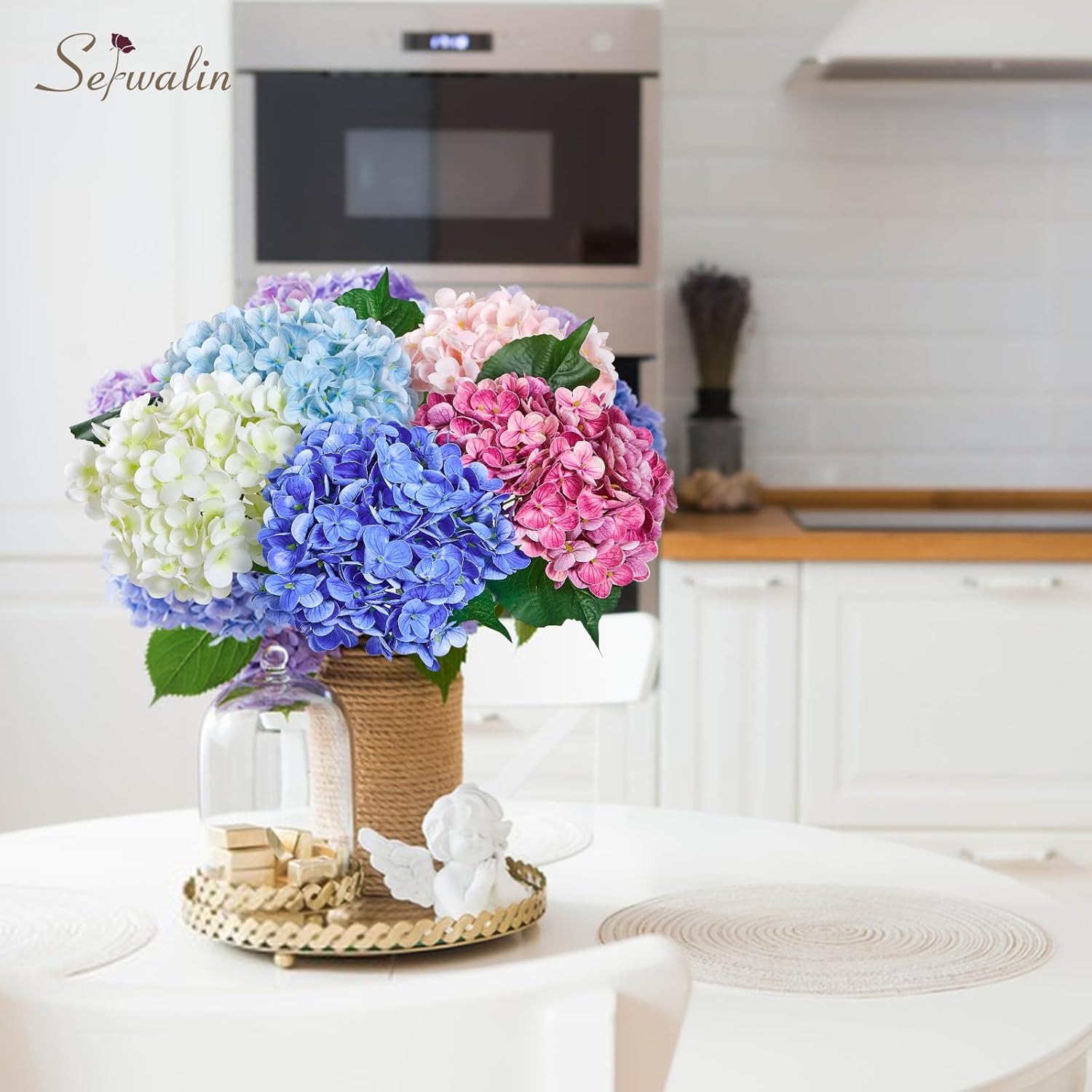 Serwalin 5PCS Real Touch Hydrangea Artificial Flowers, 20in Lifelike Latex Fake Hydrangea Flowers for Outdoor Wedding Office Family Party Living Room Table Decoration - Image 9