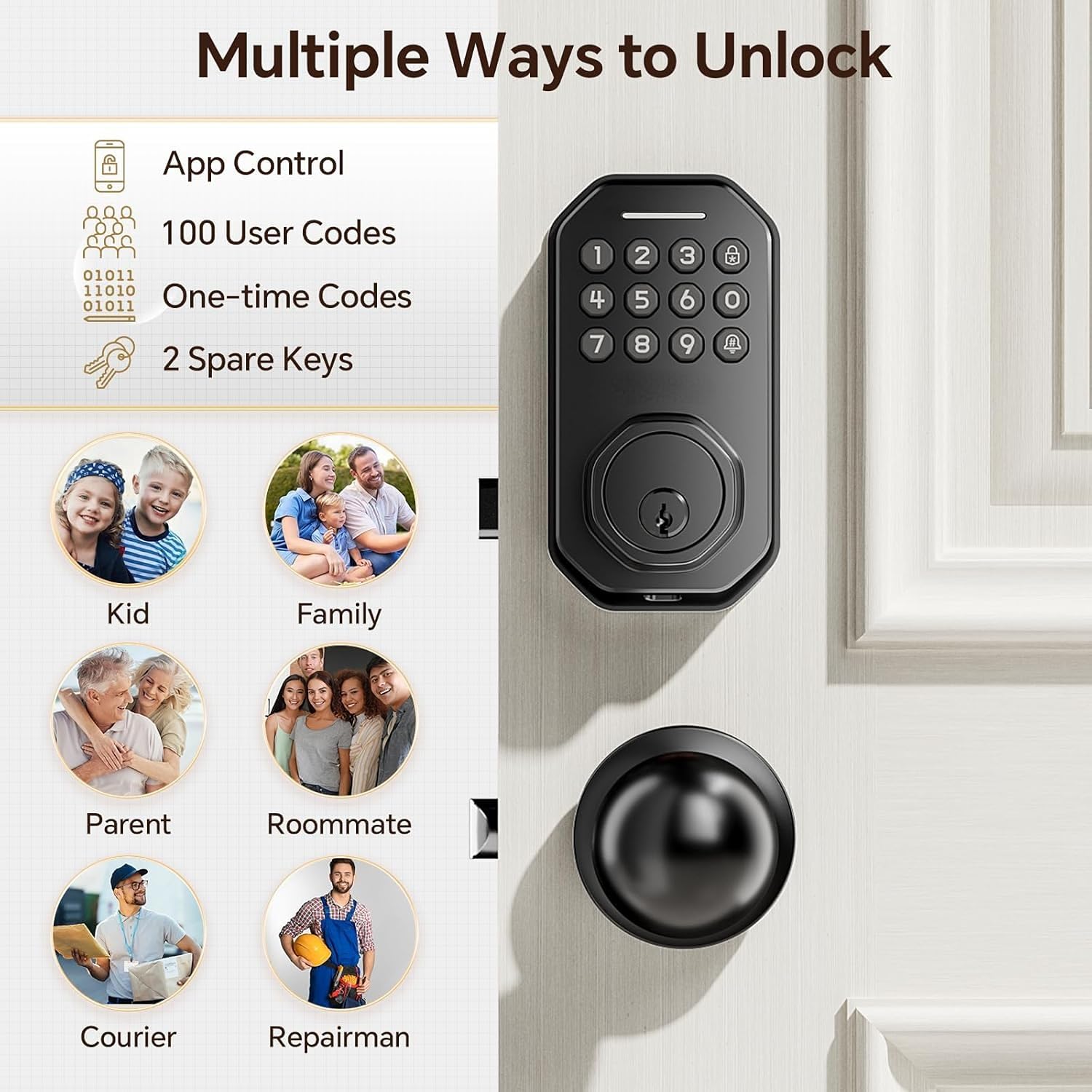 VCHOO Serrure intelligente WiFi sans clé pour porte d'entrée, serrure de porte Wi-Fi, verrouillage automatique