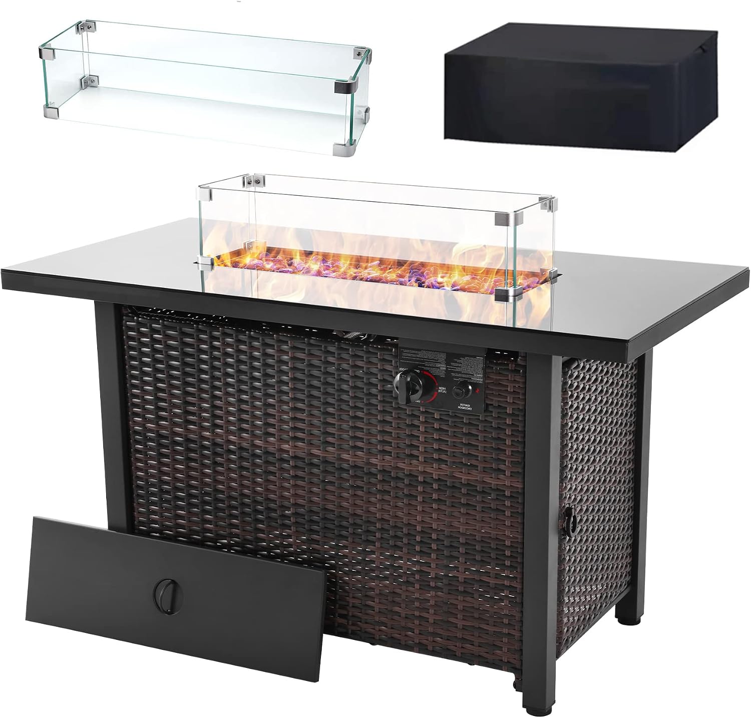 43 Inch Propane Fire Pit Table, 50,000 BTU Auto-Ignition Rattan Gas Fire Pit Table with Glass Wind Guard, CSA Approved for Outdoor Garden, Patio, Deck Poolside.