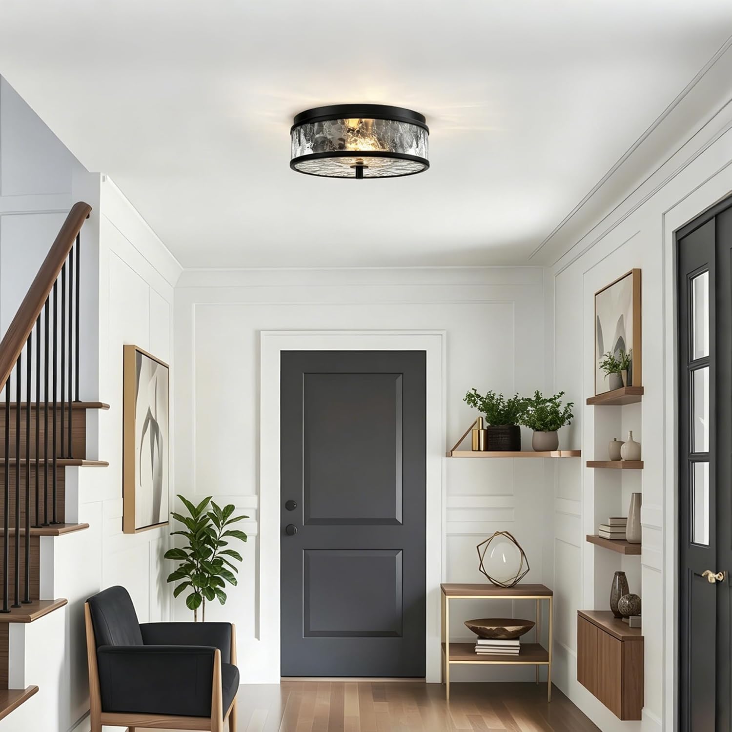 12 Inch Matte Black Flush Mount Ceiling Light, 2-Light Crackled Tempered Glass Ceiling Light Fixture, Modern Industrial Close to Ceiling Lighting for Kitchen Hallway Foyer Bedroom Bathroom