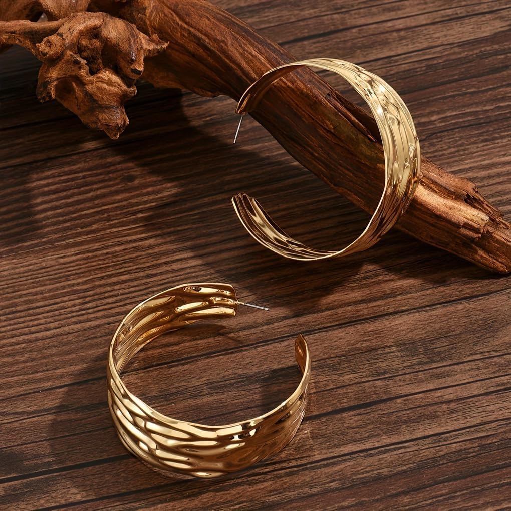 14K Gold Exaggerated Wide Hoop Earrings, Metal Hollow Circular Texture Dangle Drop Earrings, Simple Versatile Statement Jewelry Gift - Image 6